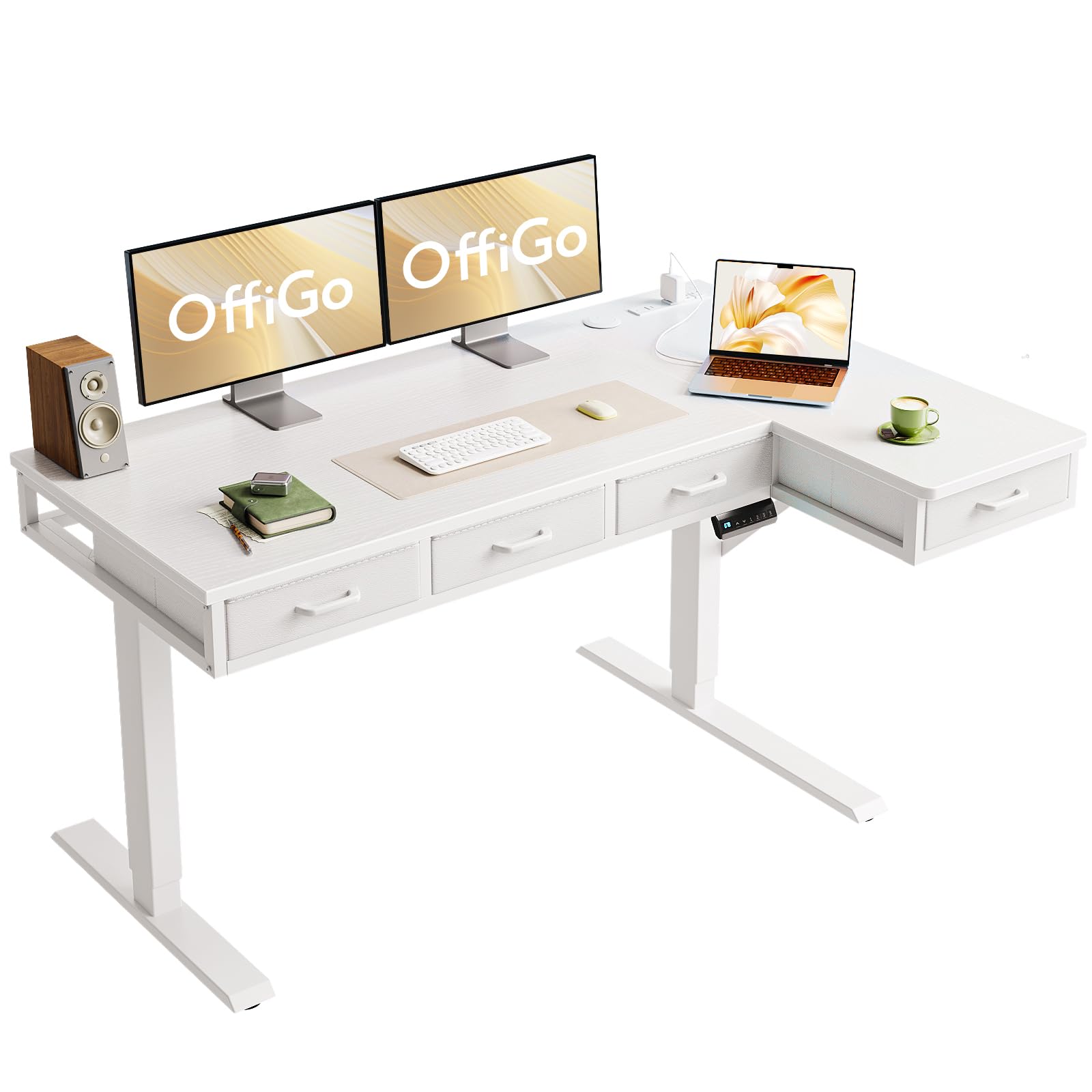 OffiGo 63 Inch L Shaped Electric Standing Desk with Drawers, Height Adjustable Large Desk with Power Outlets, Sit Stand Table, Writing Computer Desk for Home, Office, Workstation, Rustic Brown