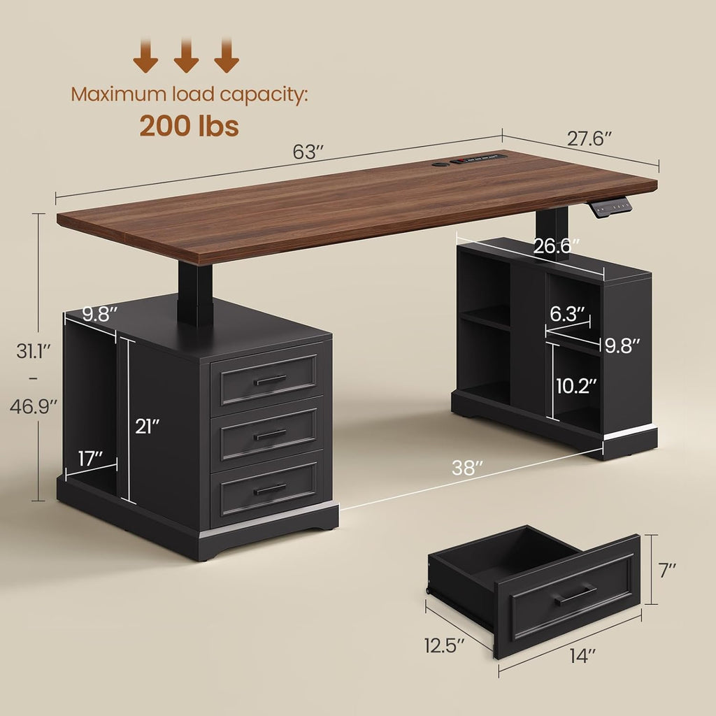 SEDETA Farmhouse Electric Standing Desk, 63" Height Adjustable Computer Desk with 3 Drawers, Storage Shelves, Power Outlets, Wood Home Office Stand up Desk for Work, Study, Writing, Black
