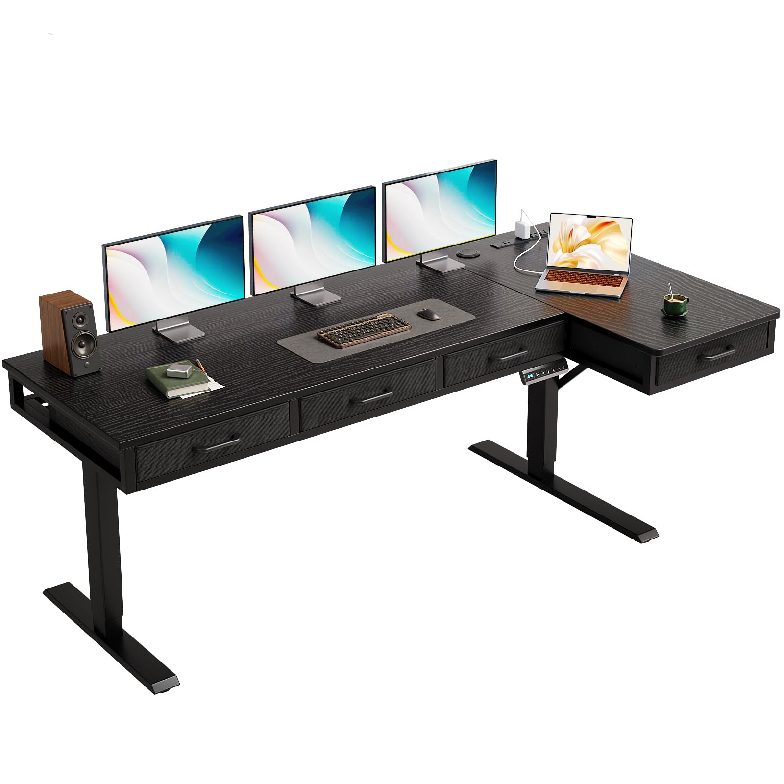 OffiGo 63 Inch L Shaped Electric Standing Desk with Drawers, Height Adjustable Large Desk with Power Outlets, Sit Stand Table, Writing Computer Desk for Home, Office, Workstation, Rustic Brown