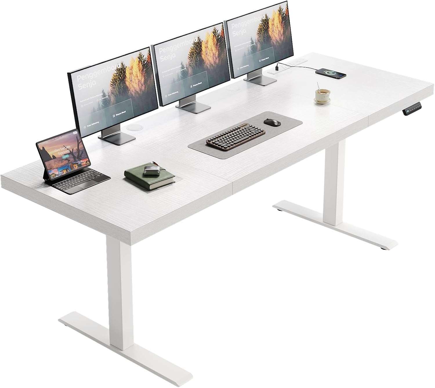 OffiGo 71 Inch Executive Electric Standing Desk, Height Adjustable Desk with Power Outlet & 1.38" Thick 3-Piece Desktop, Sit Stand Computer Desk for Home, Office, Conference Room, Rustic Brown
