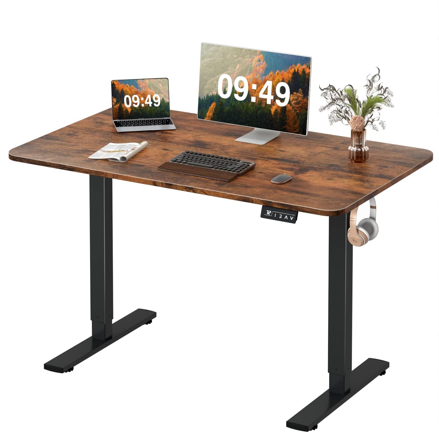 Furmax 55 x 24 Inches Electric Height Adjustable Standing Desk Large Sit Stand Up Desk Home Office Computer Desk Memory Preset with T-Shaped Metal Bracket, Black