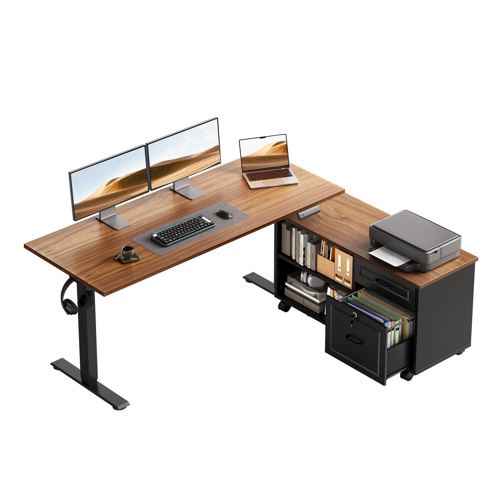 OffiGo 55 Inch L Shaped Electric Standing Desk with Drawers & File Cabinet Sets, Executive Sit Stand Desk, Height Adjustable Computer Desk for Home Office, Writing, Workstation, Walnut+Black