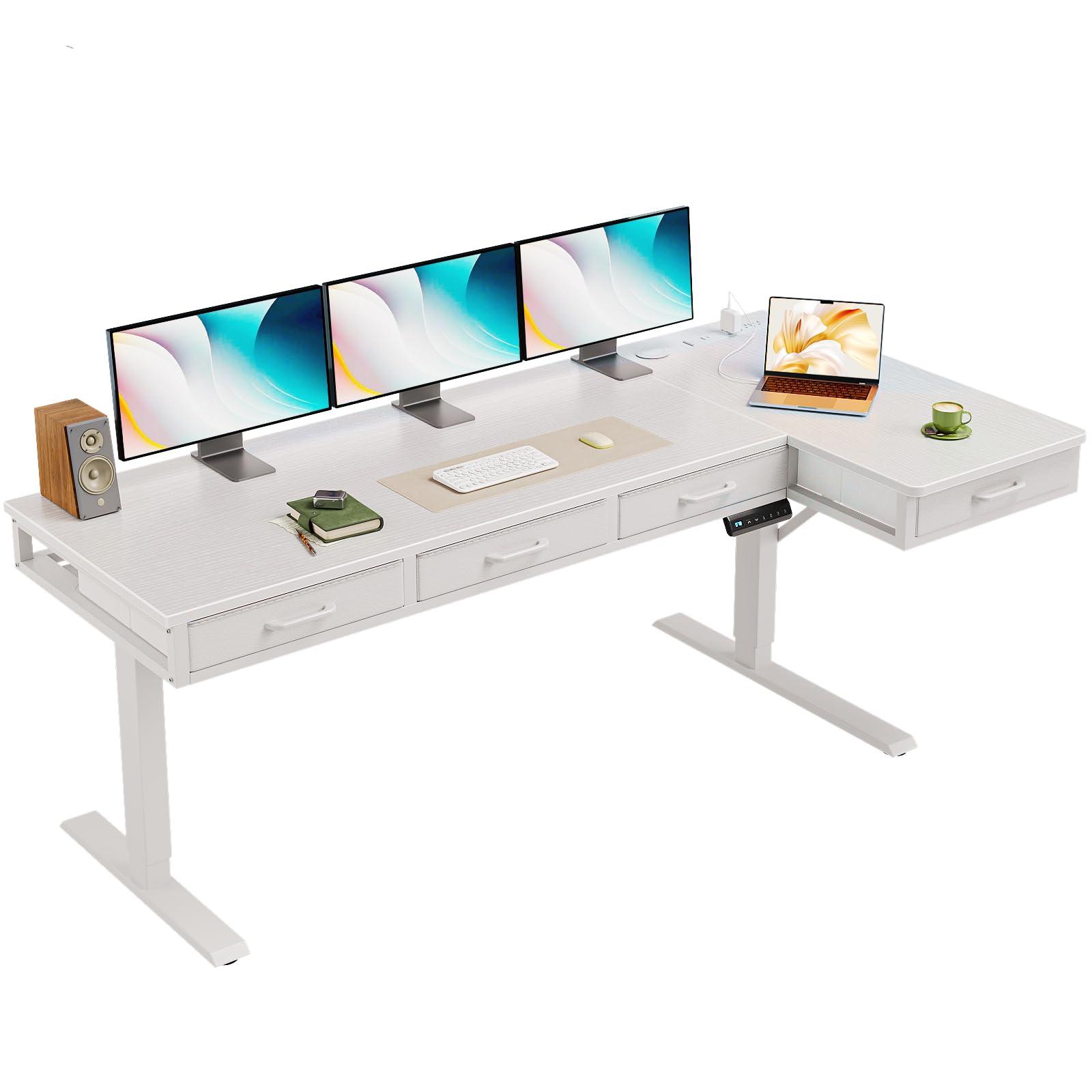 OffiGo 63 Inch L Shaped Electric Standing Desk with Drawers, Height Adjustable Large Desk with Power Outlets, Sit Stand Table, Writing Computer Desk for Home, Office, Workstation, Rustic Brown