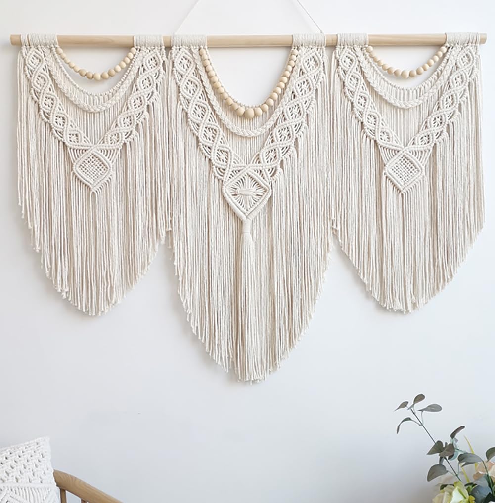Achart Macrame Wall Hanging Large- Boho Wall Decor- large wall art- Wall Decor Living Room- Macrame Tapestry Boho Decor for Bedroom (Leaf &Wood Bead)