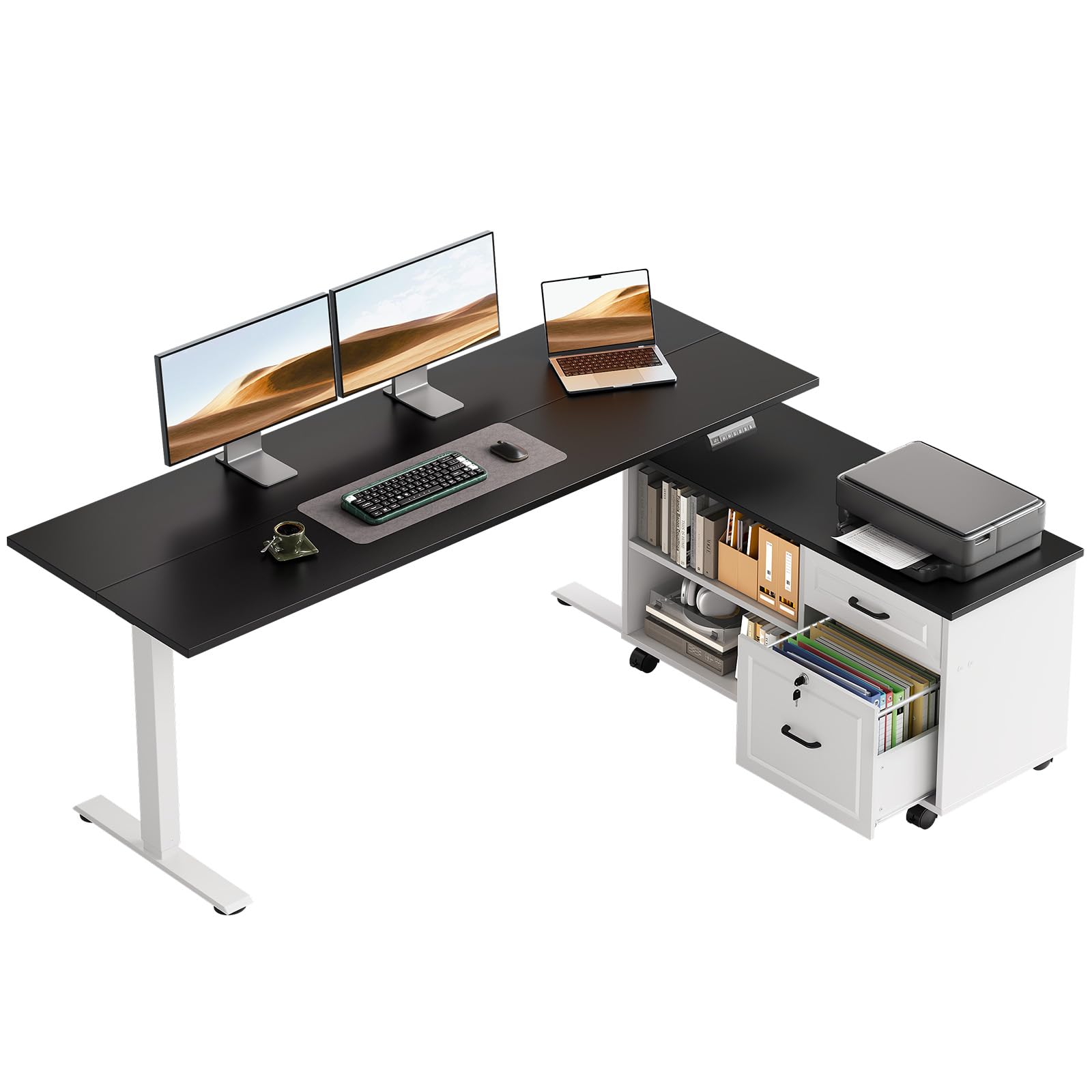 OffiGo 55 Inch L Shaped Electric Standing Desk with Drawers & File Cabinet Sets, Executive Sit Stand Desk, Height Adjustable Computer Desk for Home Office, Writing, Workstation, Walnut+Black
