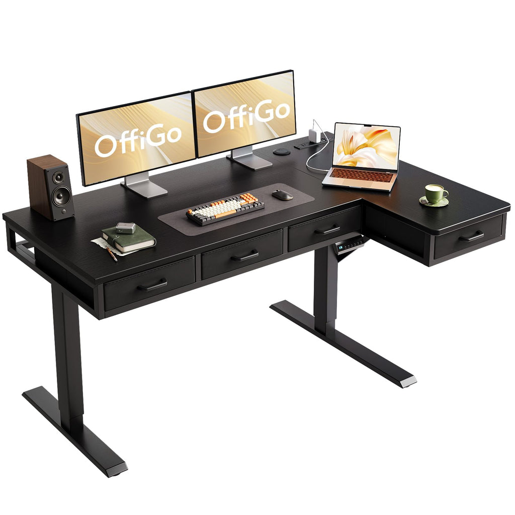 OffiGo 63 Inch L Shaped Electric Standing Desk with Drawers, Height Adjustable Large Desk with Power Outlets, Sit Stand Table, Writing Computer Desk for Home, Office, Workstation, Rustic Brown
