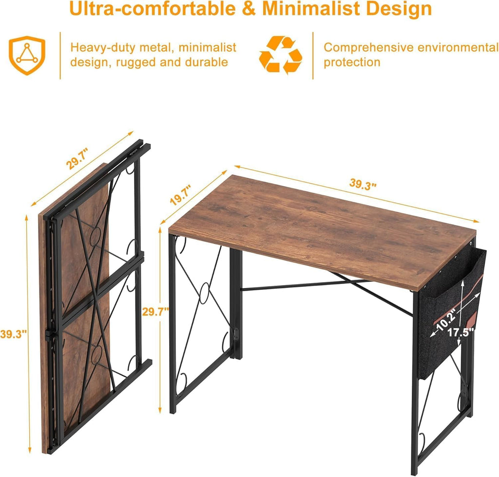 VECELO 39 Inch Folding Desk Simple Assembly, Writing Computer Desk for Home Office Study Office Foldable Table for Small Spaces,Classic Brown