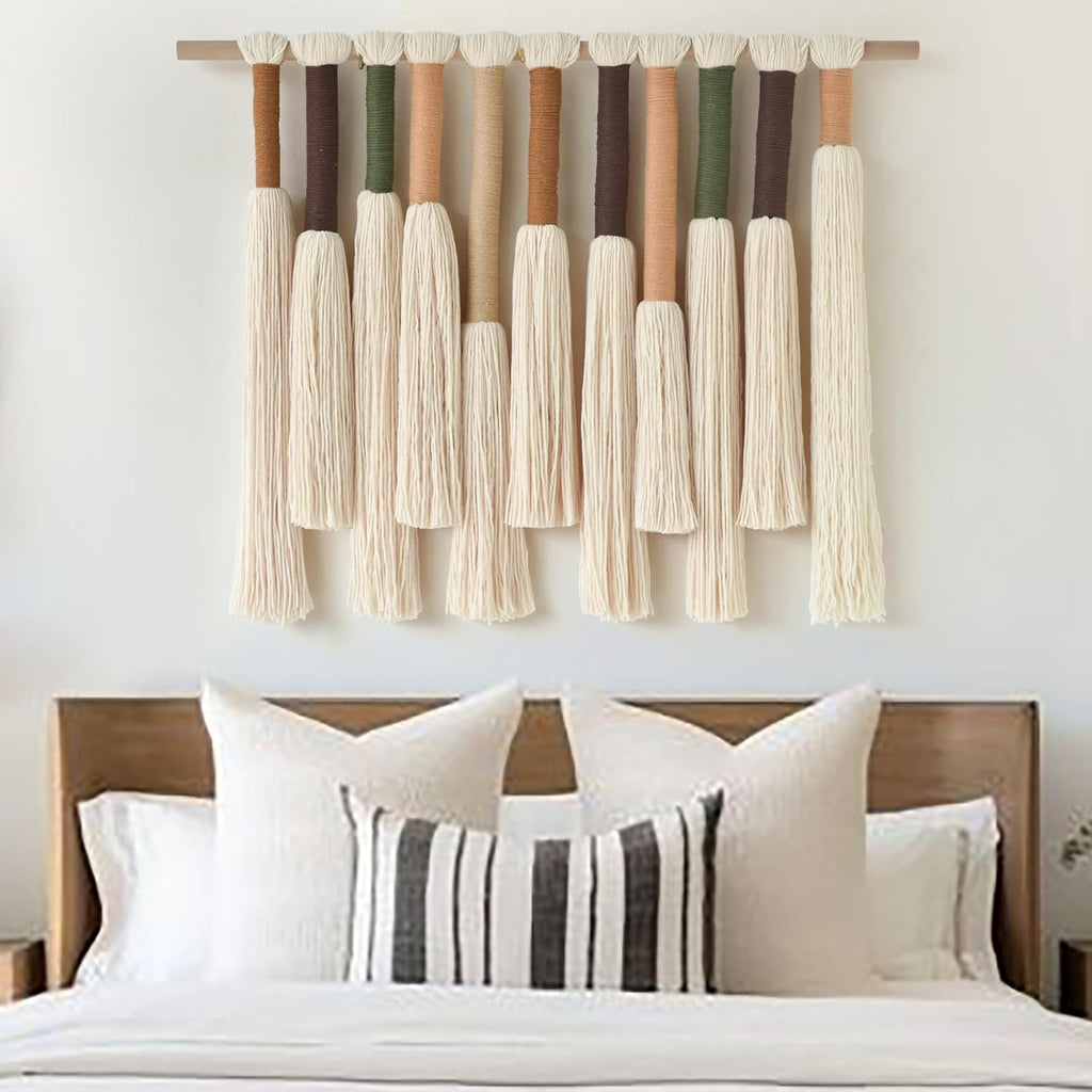Macrame Wall Hanging Boho Home Decor Handmade Cotton Fiber Art with Neutral Ivory Tassels Modern Bohemian Wall Decor for Living Room Bedroom Apartment 27" W x 22" L