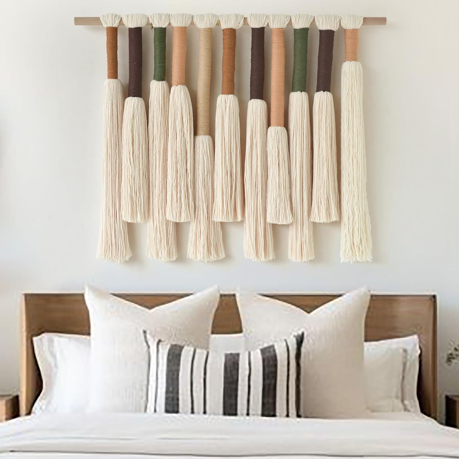 Macrame Wall Hanging Boho Home Decor Handmade Cotton Fiber Art with Neutral Ivory Tassels Modern Bohemian Wall Decor for Living Room Bedroom Apartment 27" W x 22" L