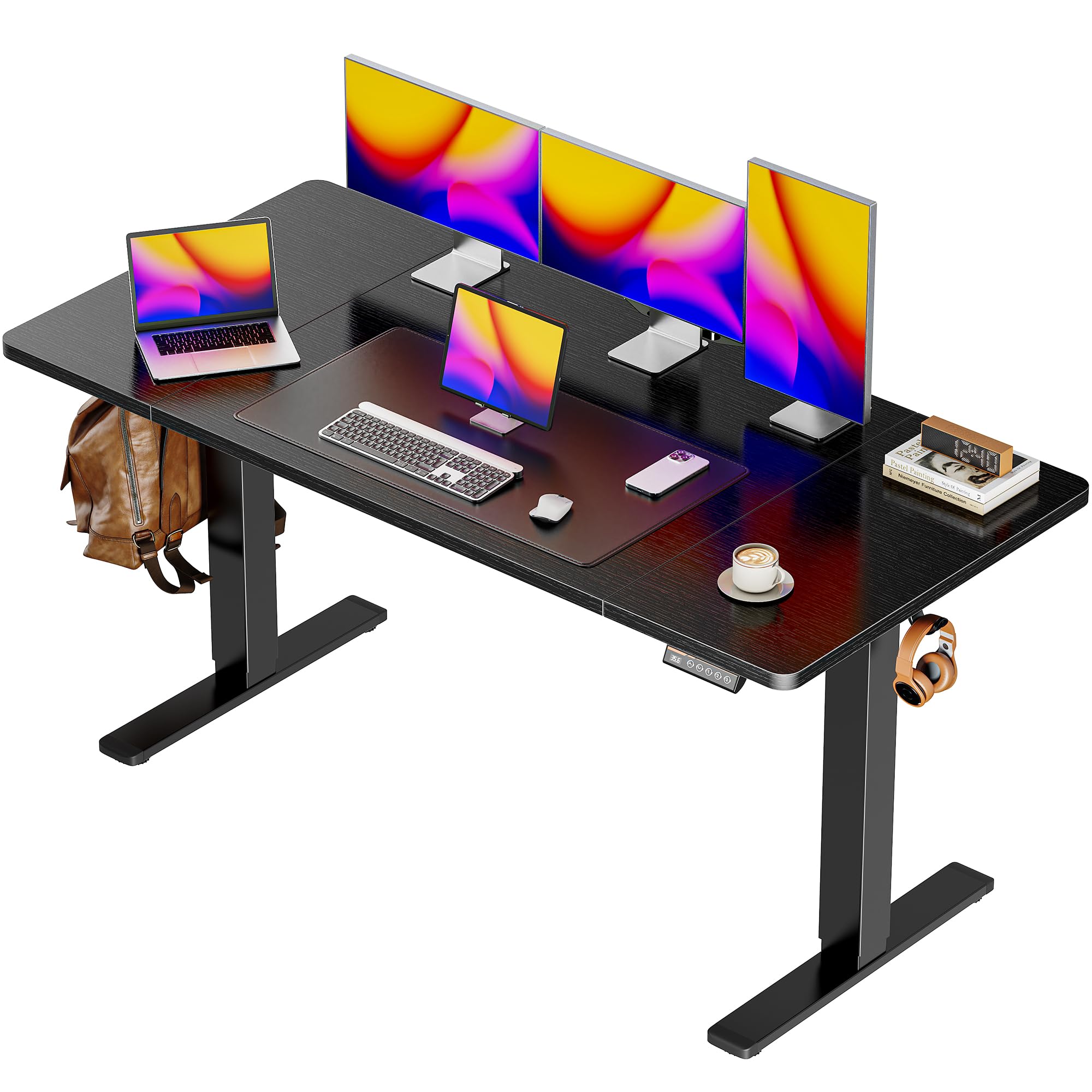 Huuger 55 x 28 Large Electric Standing Desk, Height Adjustable Computer Desk, 27.6" Deep Desktop, Stand up Gaming Office Desk with 2 Hooks, 3 Preset Heights, for Home Office, Rustic Brown