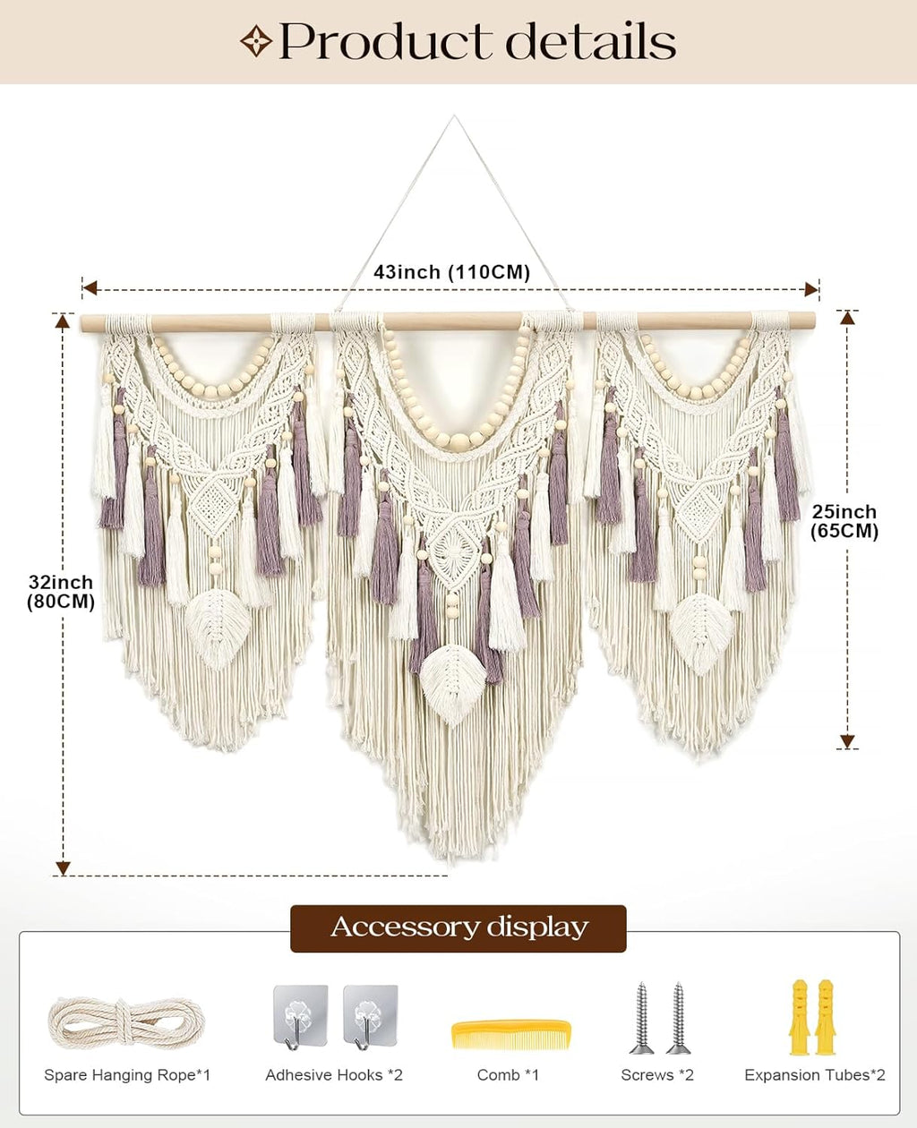 Tempospark Large Macrame Wall Hanging, 43" Wx32 L Boho Wall Hangings for Living Room Bedroom Nursery, Boho Chic Large Macrame Tapestry for Bedroom Wall Decor (Leaf Bead)