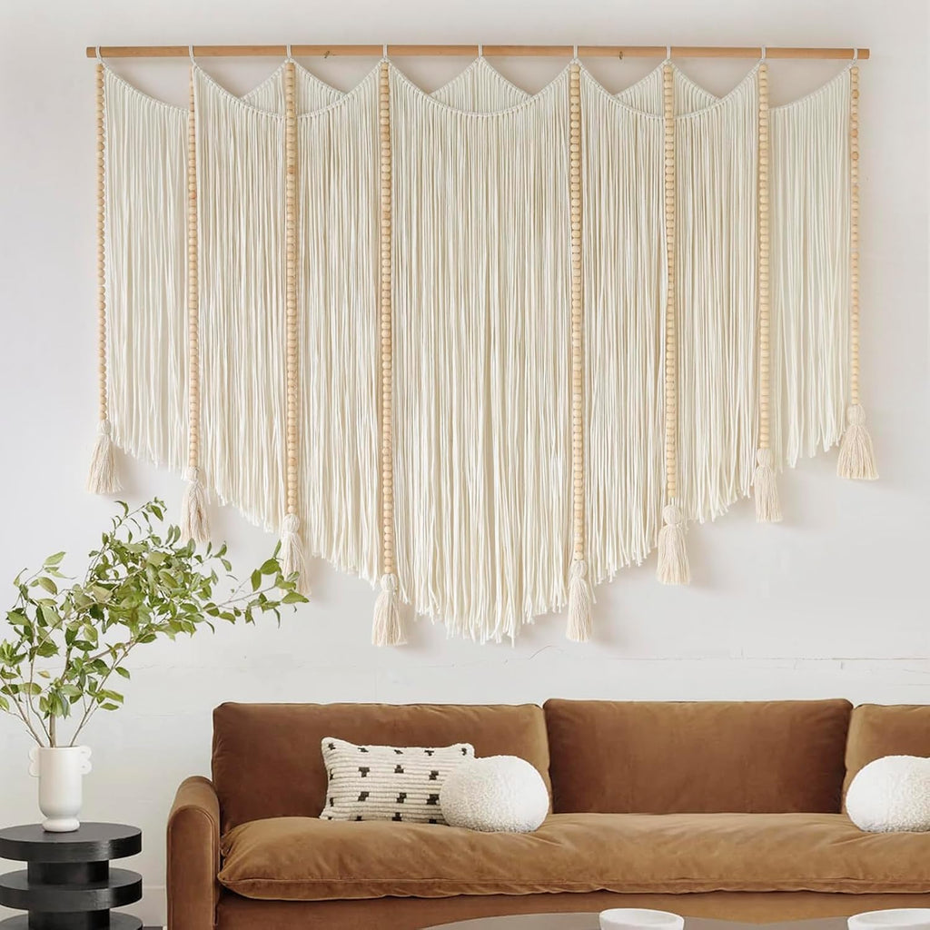 Jakalin Macrame Wall Hanging White Beads Boho Wall Decor for Living Room Bedroom or Nursery Texture Yarn Wall Art 57" W × 43" L