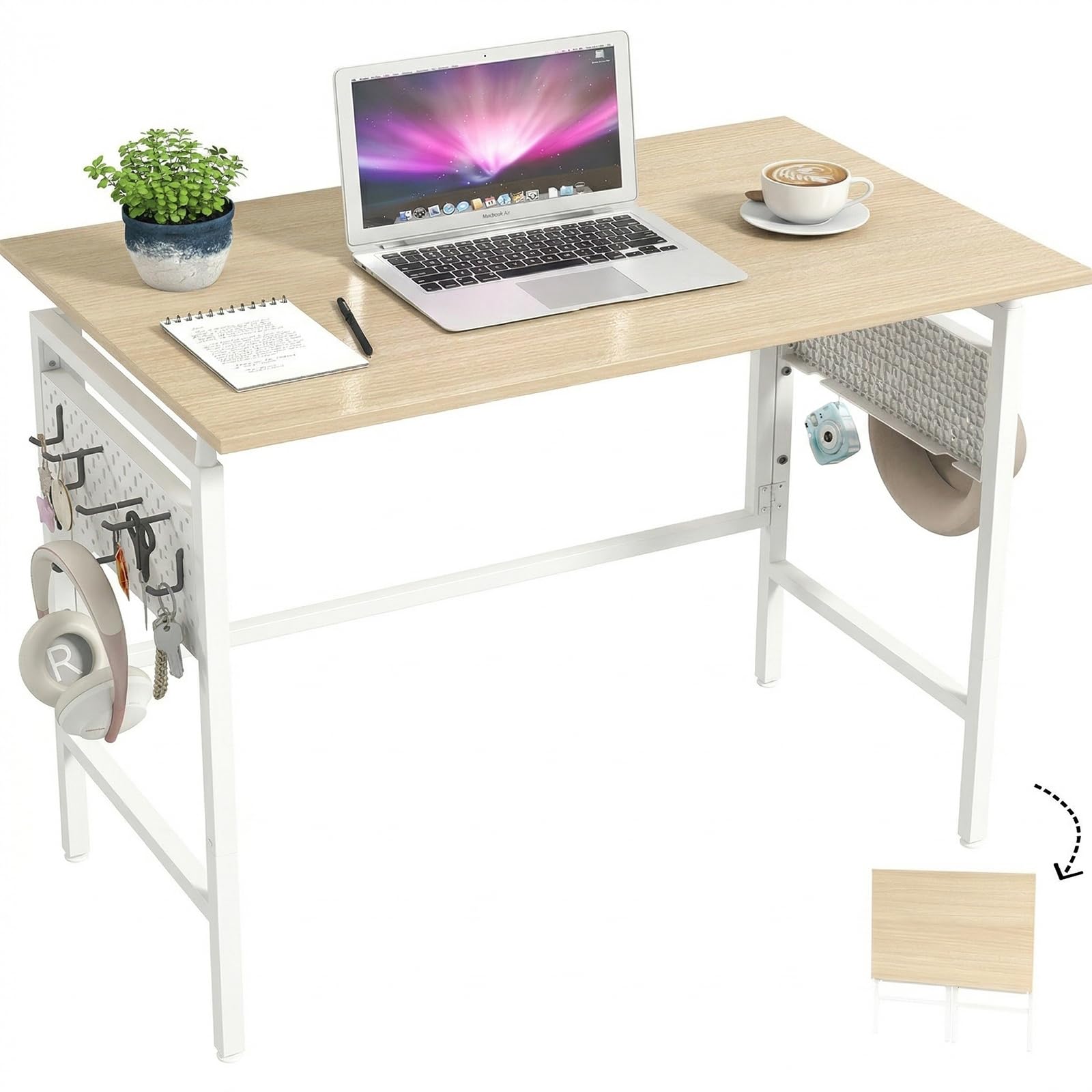Hadulcet Folding Desk, Foldable Desk Table 40" for Space Saving, Foldable Computer Table for RV, Apartment, Office, Easy Assembly with Movable Pegboard Panels,Rustic Walnut