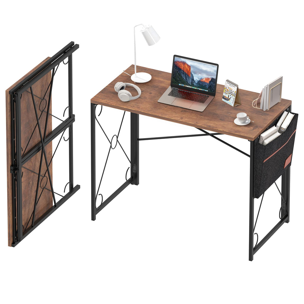 VECELO 39 Inch Folding Desk Simple Assembly, Writing Computer Desk for Home Office Study Office Foldable Table for Small Spaces,Classic Brown