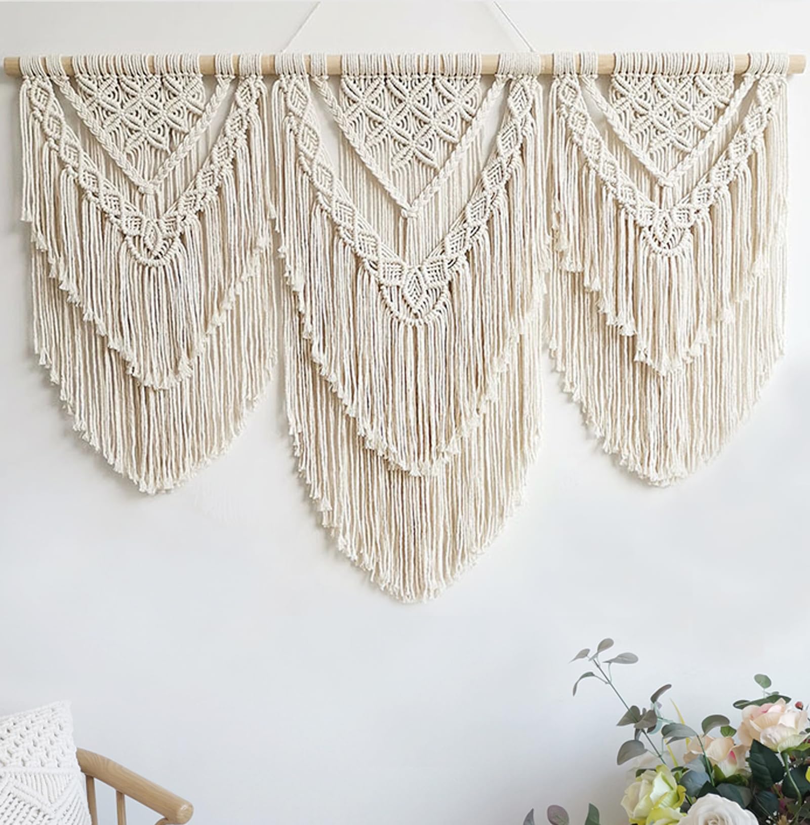 Achart Macrame Wall Hanging Large- Boho Wall Decor- large wall art- Wall Decor Living Room- Macrame Tapestry Boho Decor for Bedroom (Leaf &Wood Bead)