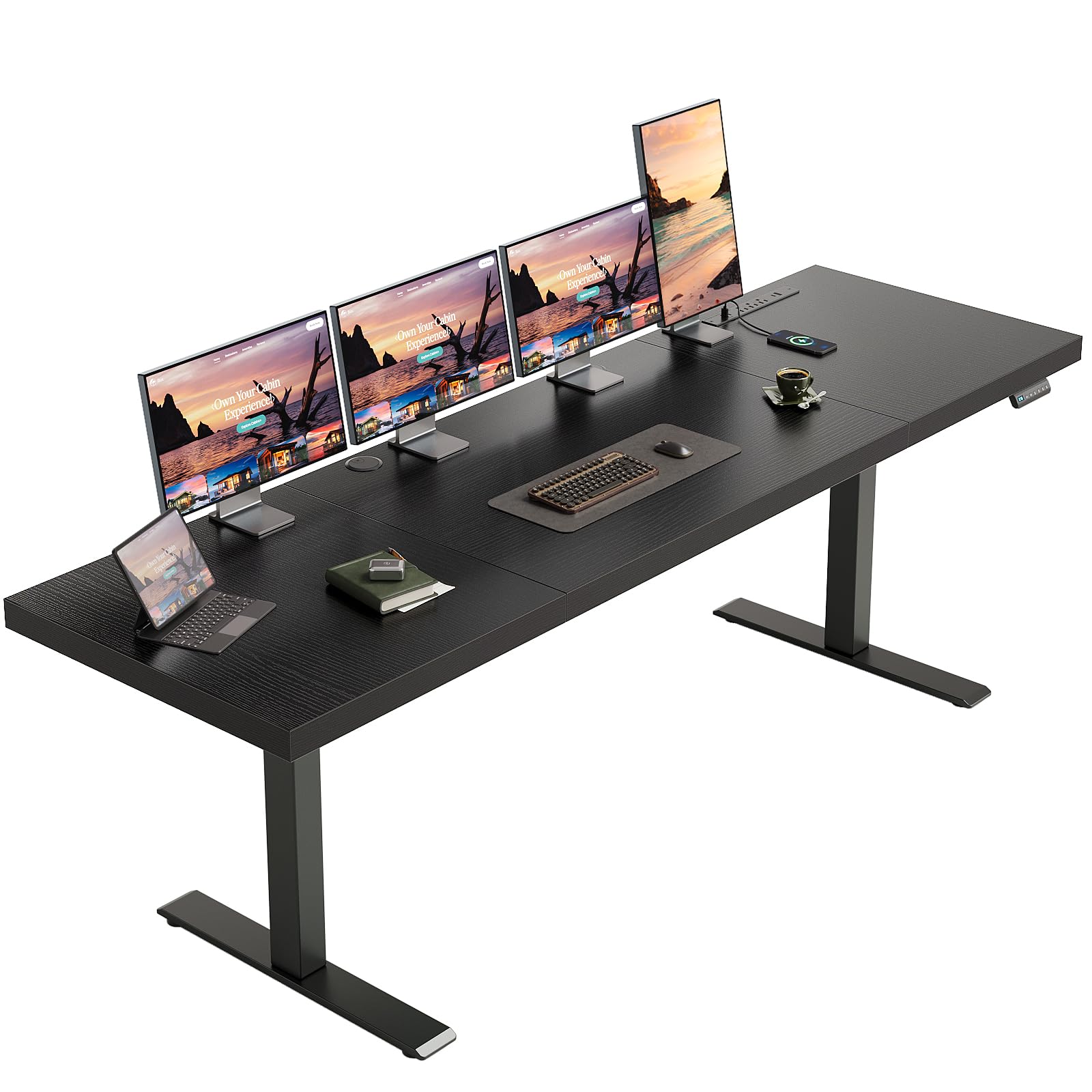 OffiGo 71 Inch Executive Electric Standing Desk, Height Adjustable Desk with Power Outlet & 1.38" Thick 3-Piece Desktop, Sit Stand Computer Desk for Home, Office, Conference Room, Rustic Brown