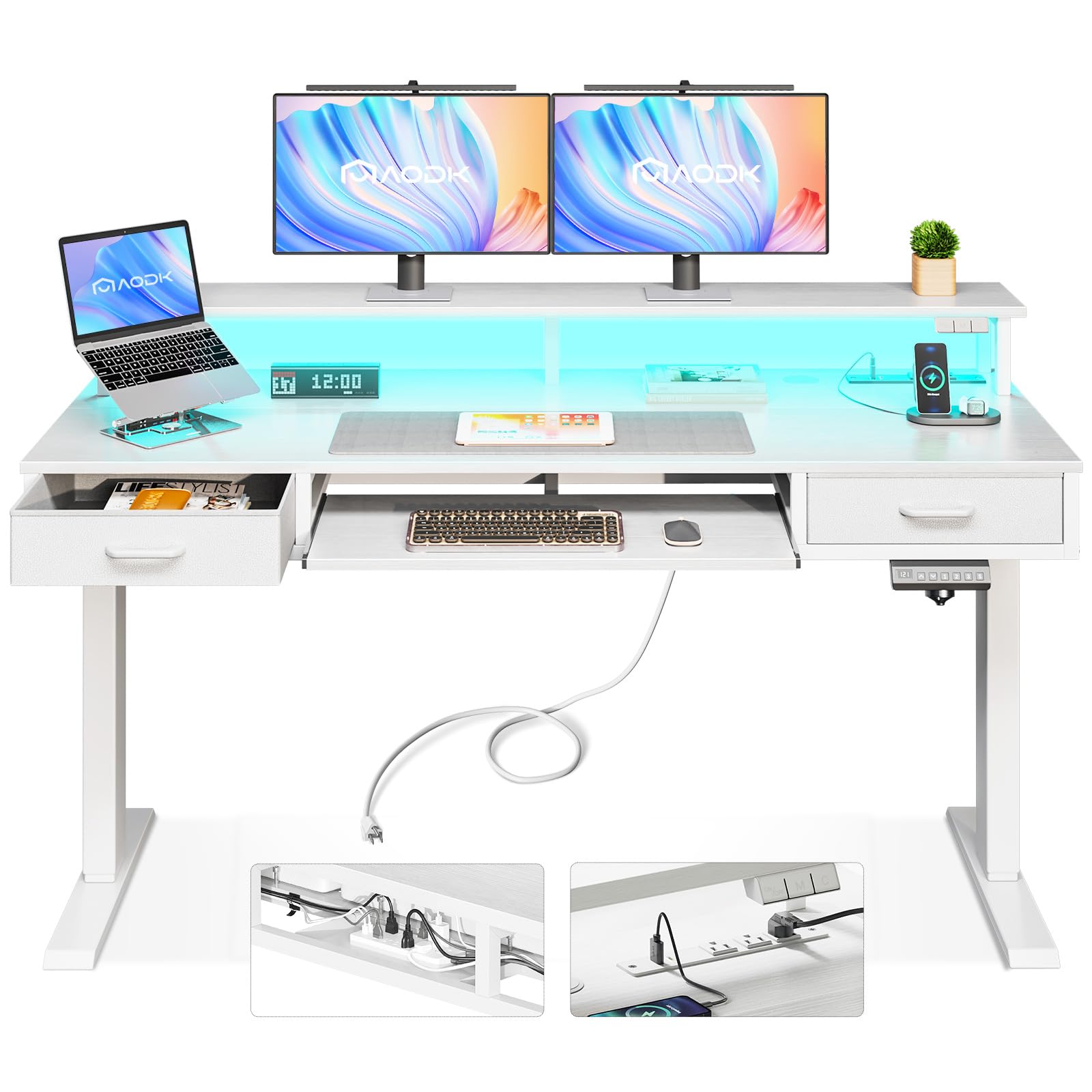 AODK Electric Standing Desk with Drawers & Keyboard Tray, 55 Inch Height Adjustable Gaming Desk with Power Outlets & LED Lights, Sit Stand Table with Monitor Stand for Home, Office, Rustic Brown