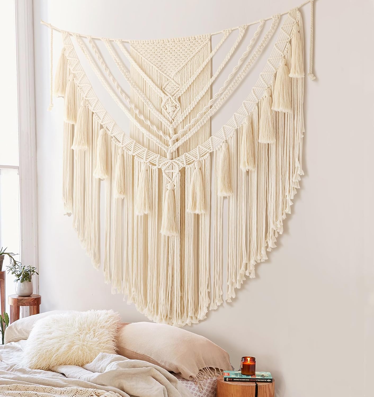 Jakalin Large Macrame Wall Hanging Handmade Art Home Decor 47" Wx 55" L Boho Wall Decor Wedding Bedroom Living Room Handmade Yarn Wall Art