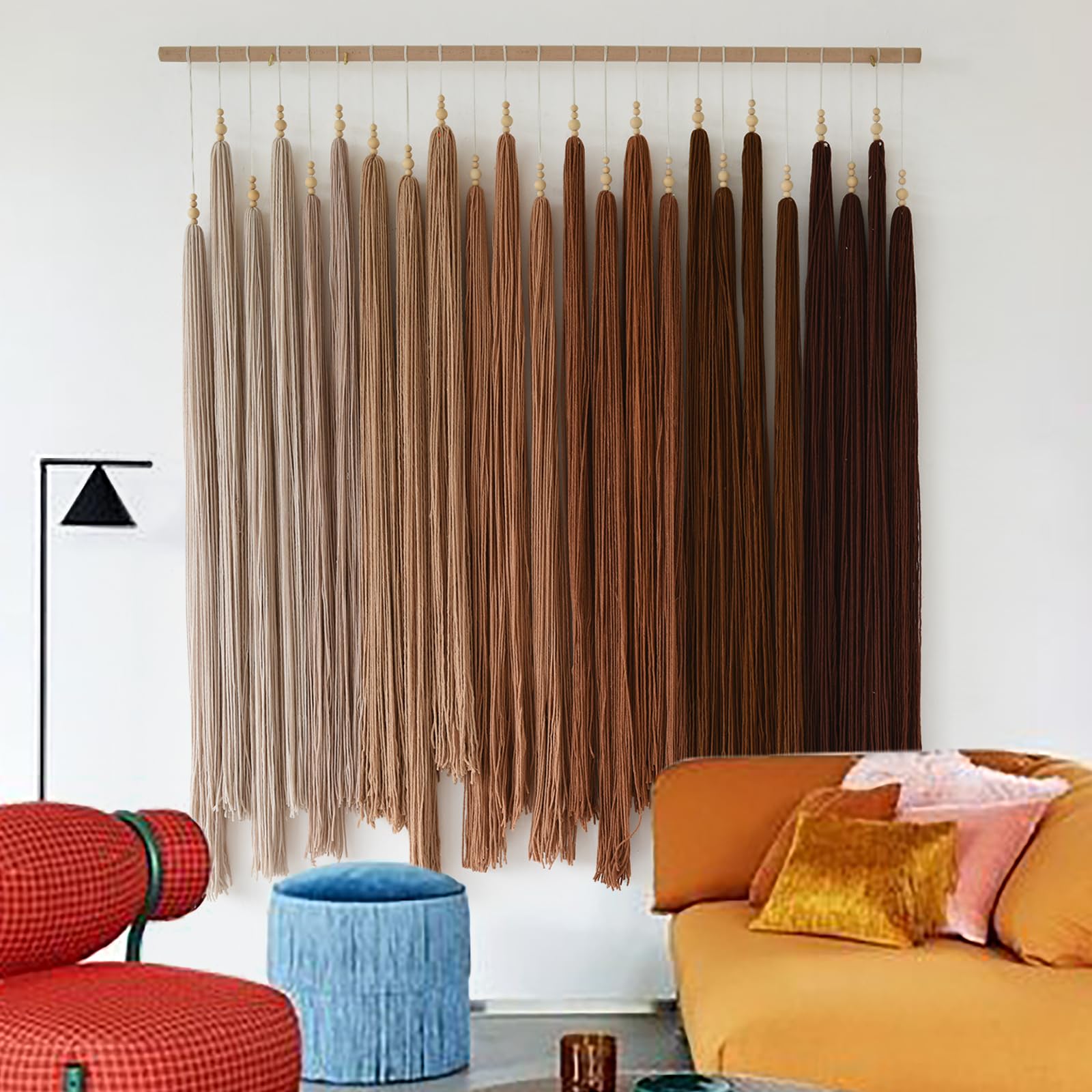 IOWER Macrame Wall Hanging Brown Yarn Beaded Backdrop Boho Wall Decor Round Tassel Home Wall Aesthetic Living Rooms Bedrooms Offices Geometric Art Chic Home Decor 39" W x 55" L