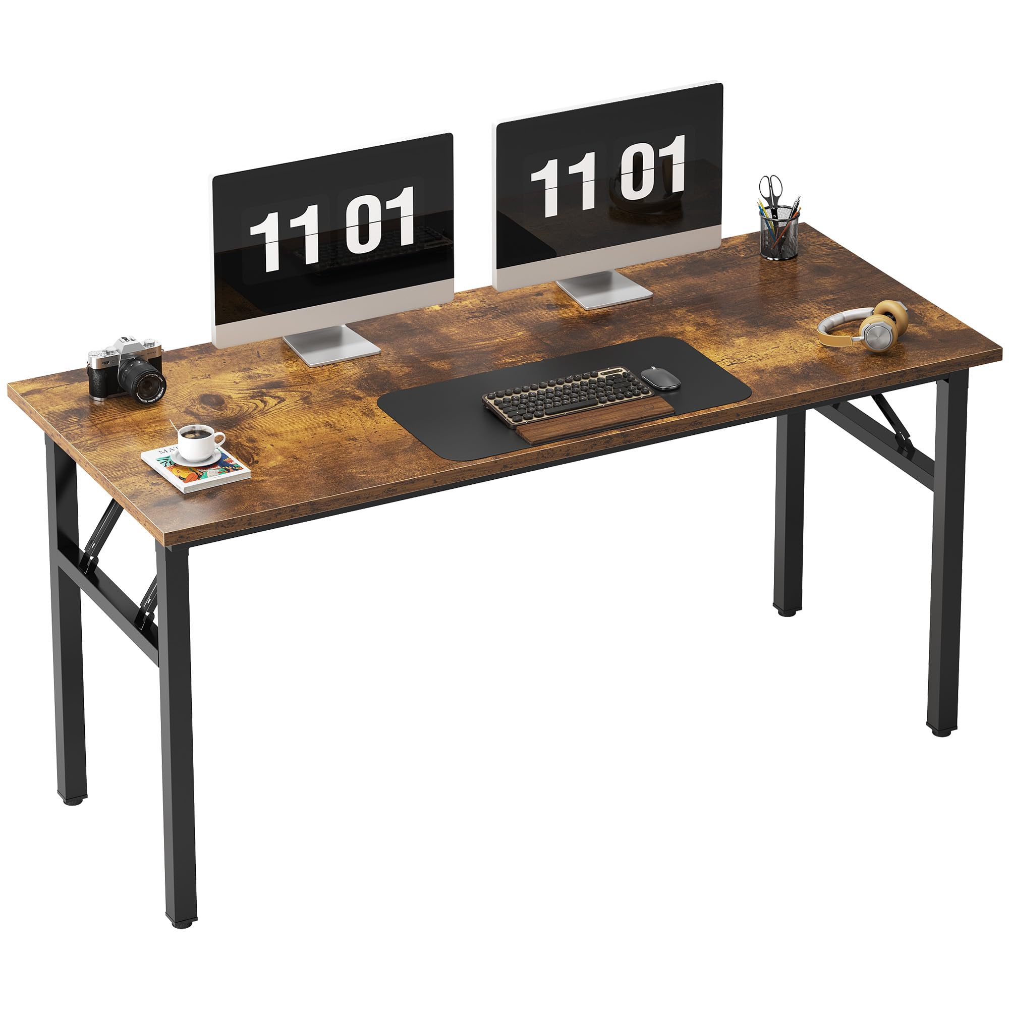 Need Folding Desk, 54 inch Large Computer Desk for Home Office, No Install Needed Study Student Writing Table Desk Workstation, Teak Black