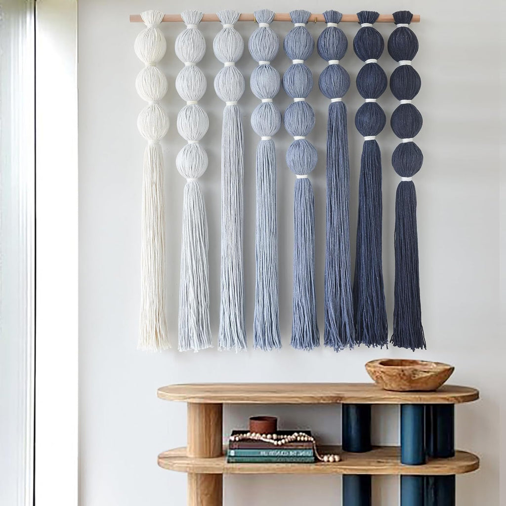 IOWER Macrame Wall Hanging Blue Yarn Wall Art Tassel Wall Decor with Knotted Ball Design Bohemian Wall Decor for Living Room Bedroom Home Backdrop 27" W x 39" L