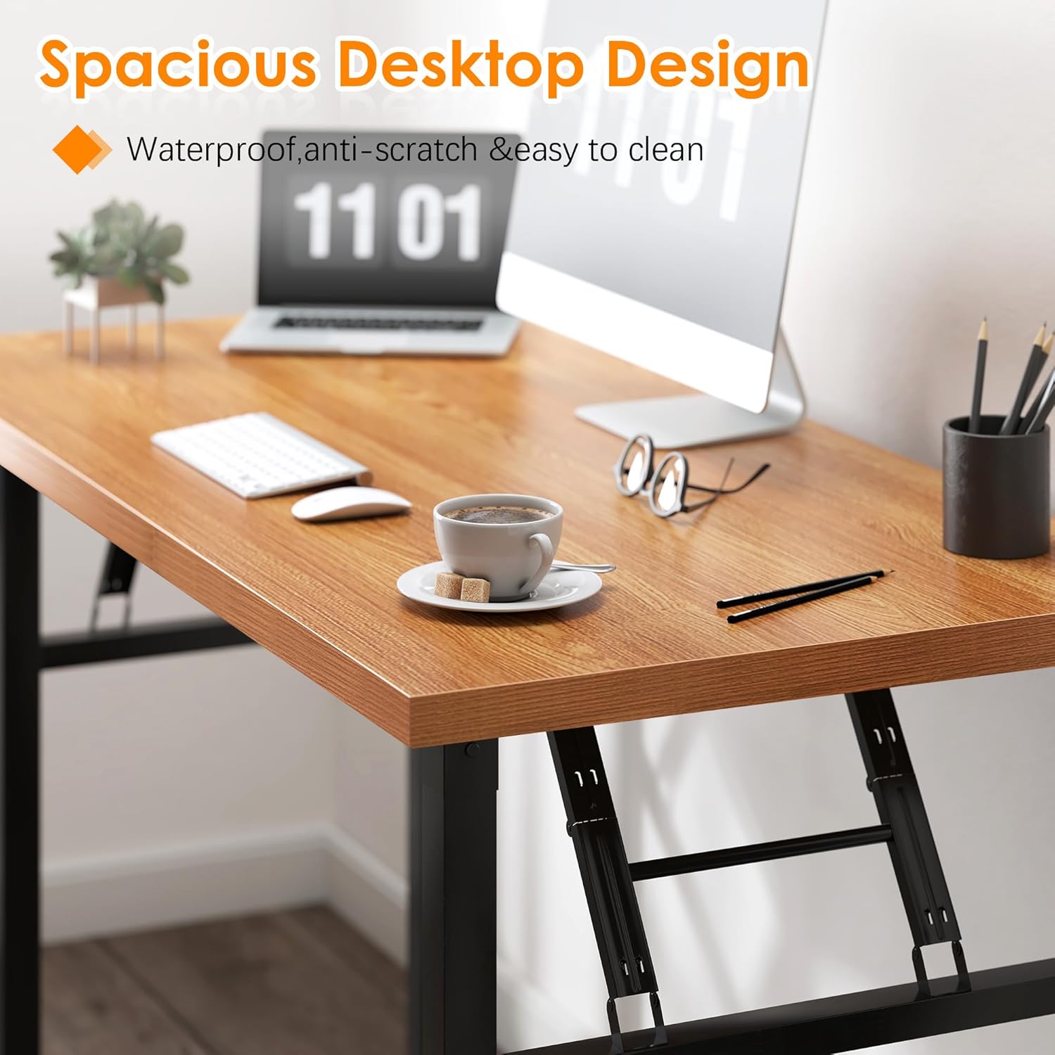 Need Folding Desk, 54 inch Large Computer Desk for Home Office, No Install Needed Study Student Writing Table Desk Workstation, Teak Black