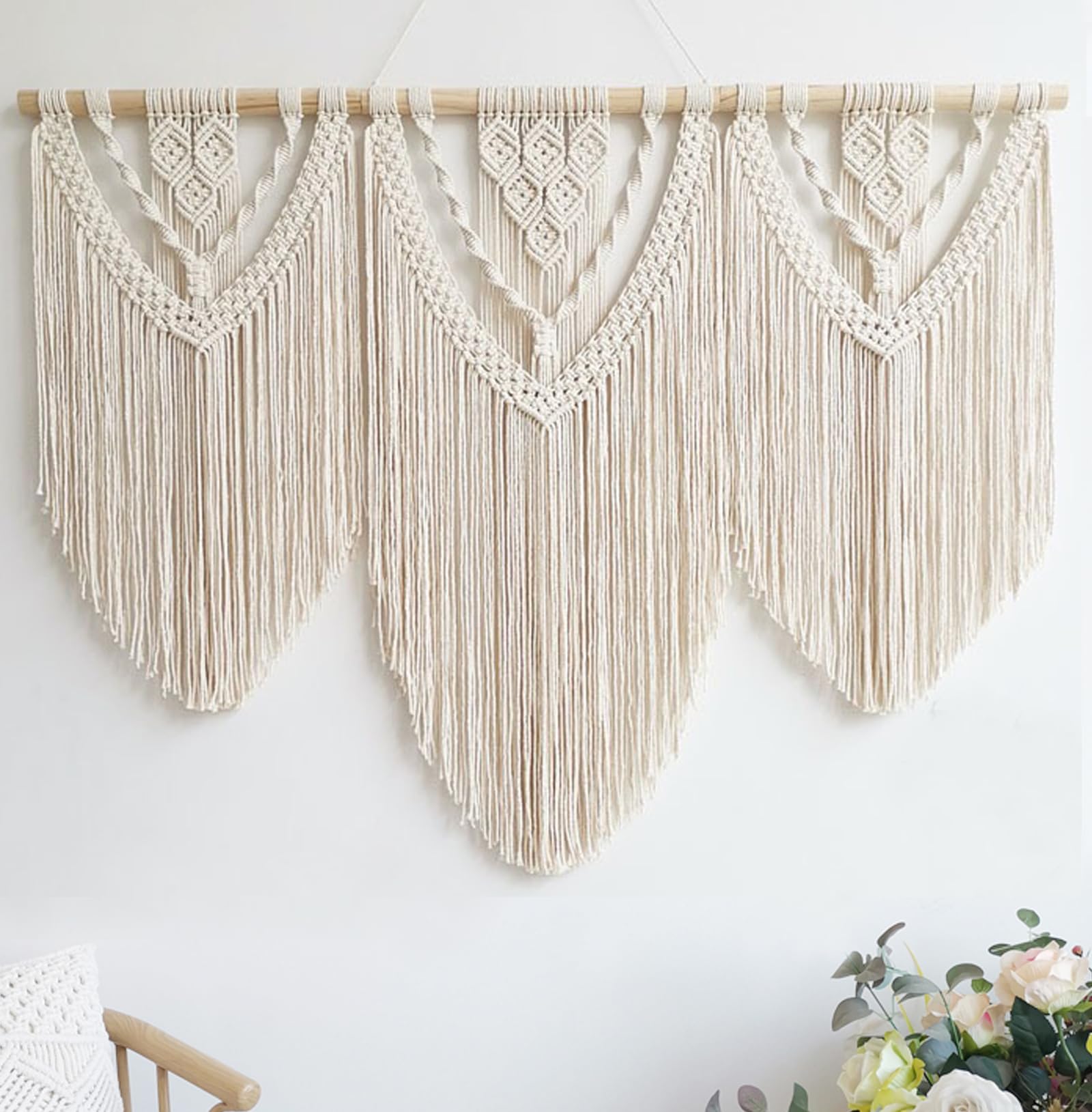 Achart Macrame Wall Hanging Large- Boho Wall Decor- large wall art- Wall Decor Living Room- Macrame Tapestry Boho Decor for Bedroom (Leaf &Wood Bead)