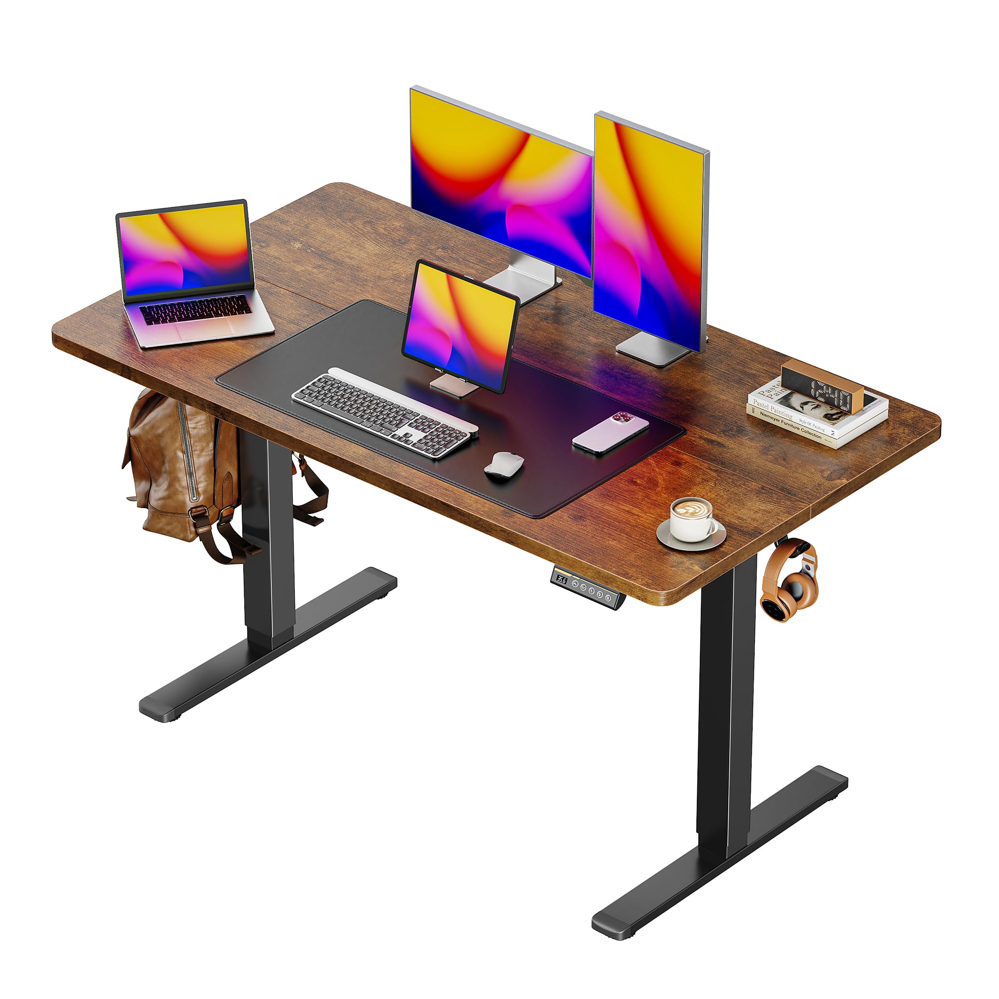 Huuger 55 x 28 Large Electric Standing Desk, Height Adjustable Computer Desk, 27.6" Deep Desktop, Stand up Gaming Office Desk with 2 Hooks, 3 Preset Heights, for Home Office, Rustic Brown