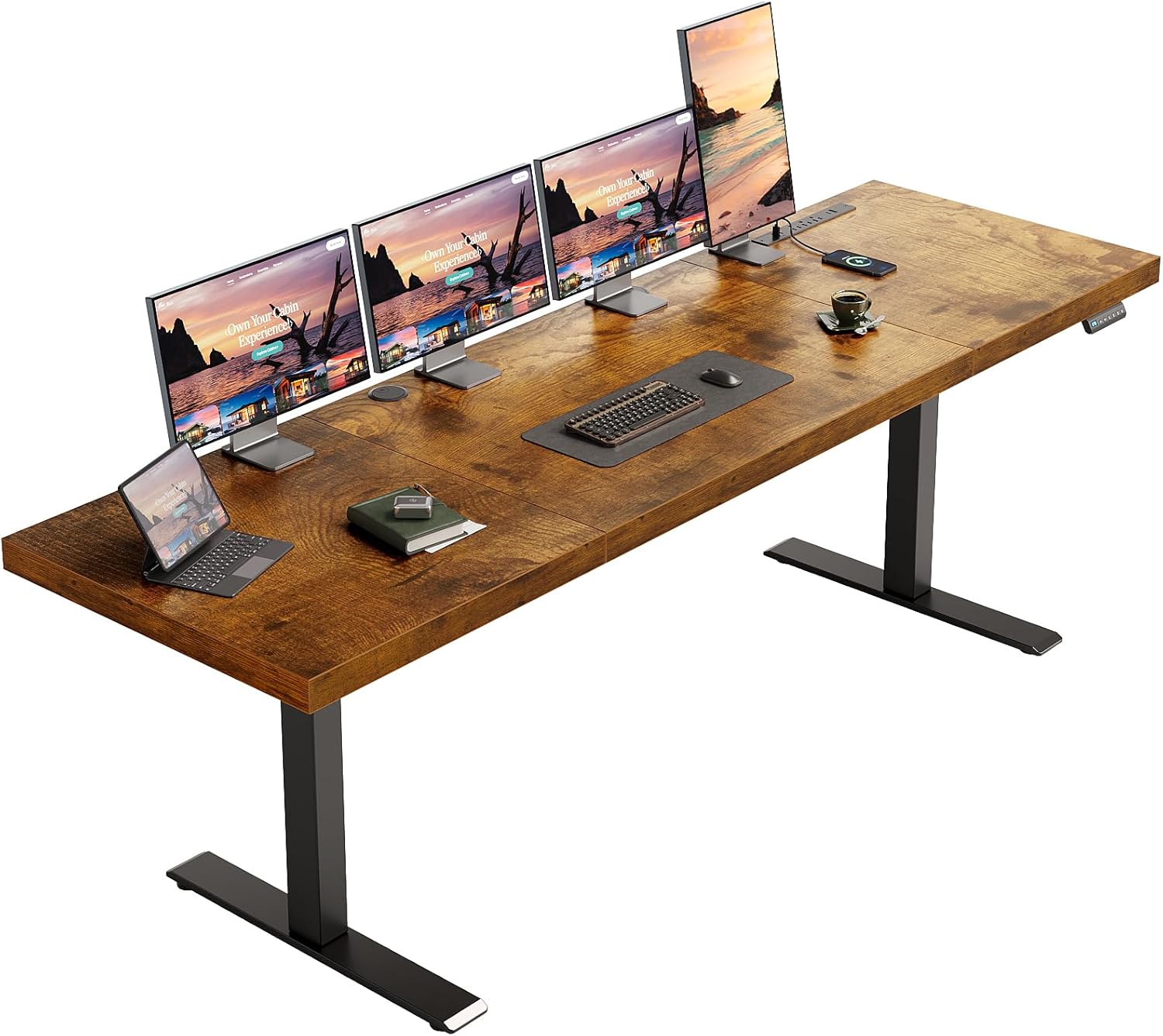 OffiGo 71 Inch Executive Electric Standing Desk, Height Adjustable Desk with Power Outlet & 1.38" Thick 3-Piece Desktop, Sit Stand Computer Desk for Home, Office, Conference Room, Rustic Brown