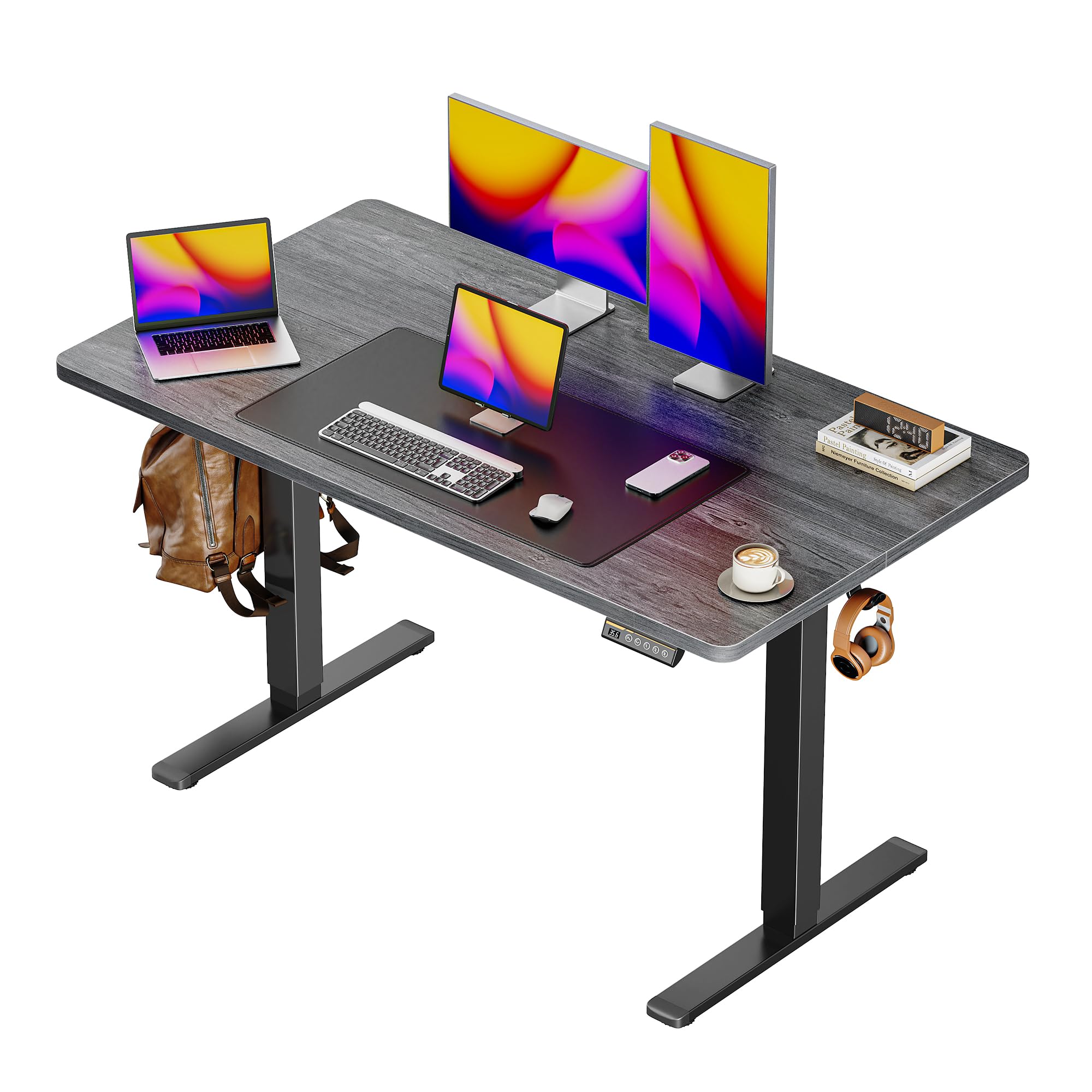 Huuger 55 x 28 Large Electric Standing Desk, Height Adjustable Computer Desk, 27.6" Deep Desktop, Stand up Gaming Office Desk with 2 Hooks, 3 Preset Heights, for Home Office, Rustic Brown