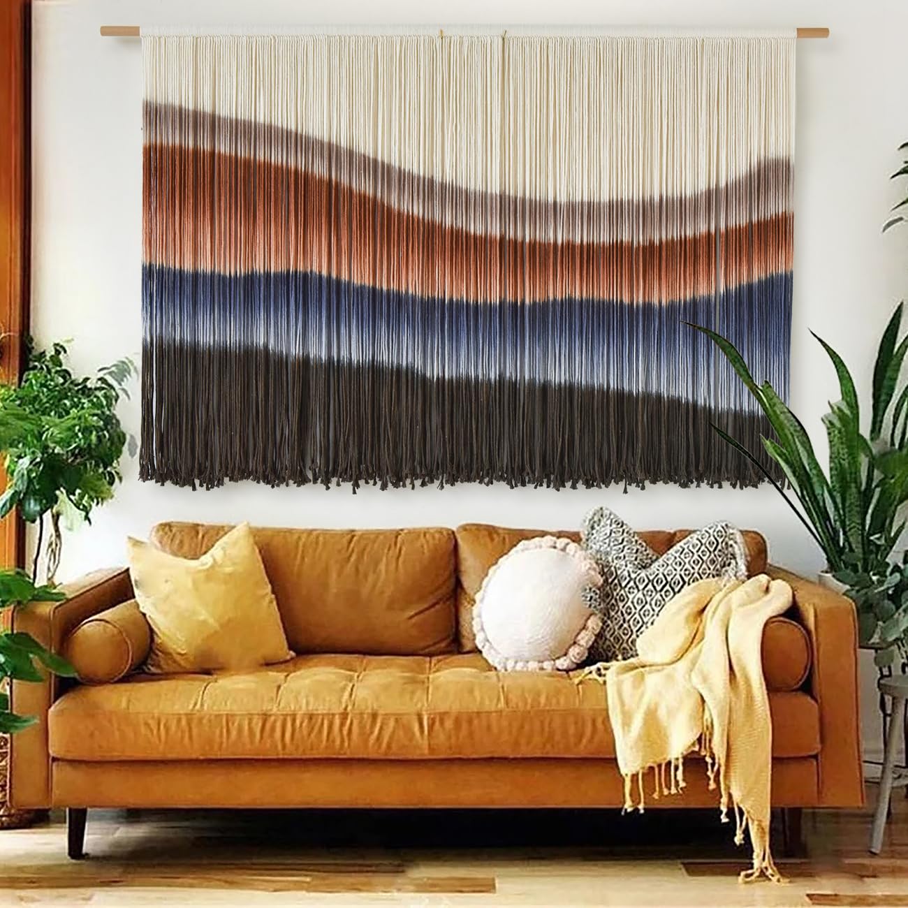 Flber Macrame Wall Hanging Boho Wall Art Beads Tassels Modern for Living Room Bedroom Large Geometric Wall Decor 57" W x 39" L