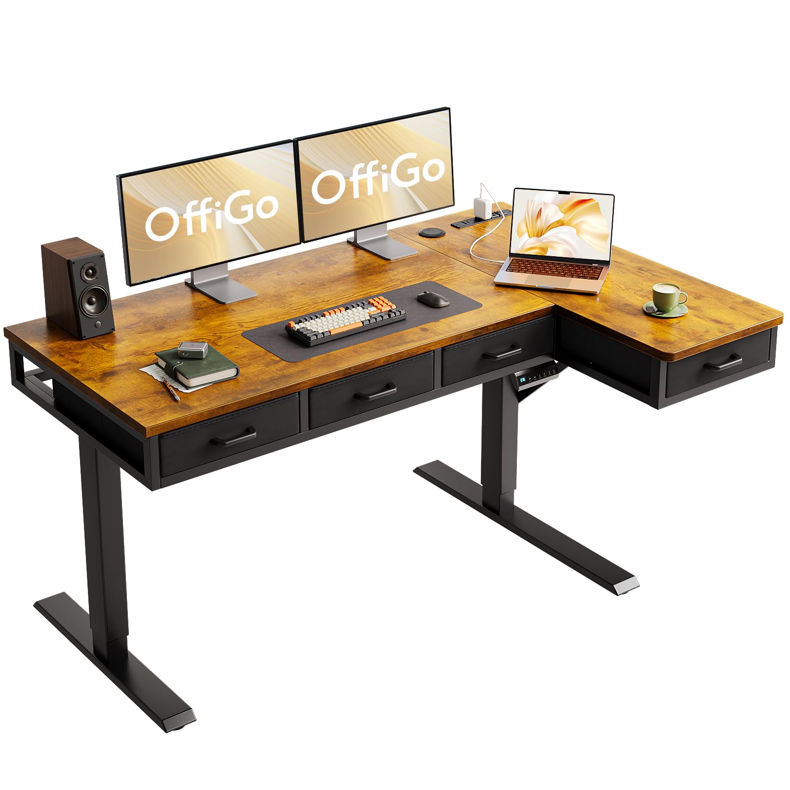 OffiGo 63 Inch L Shaped Electric Standing Desk with Drawers, Height Adjustable Large Desk with Power Outlets, Sit Stand Table, Writing Computer Desk for Home, Office, Workstation, Rustic Brown