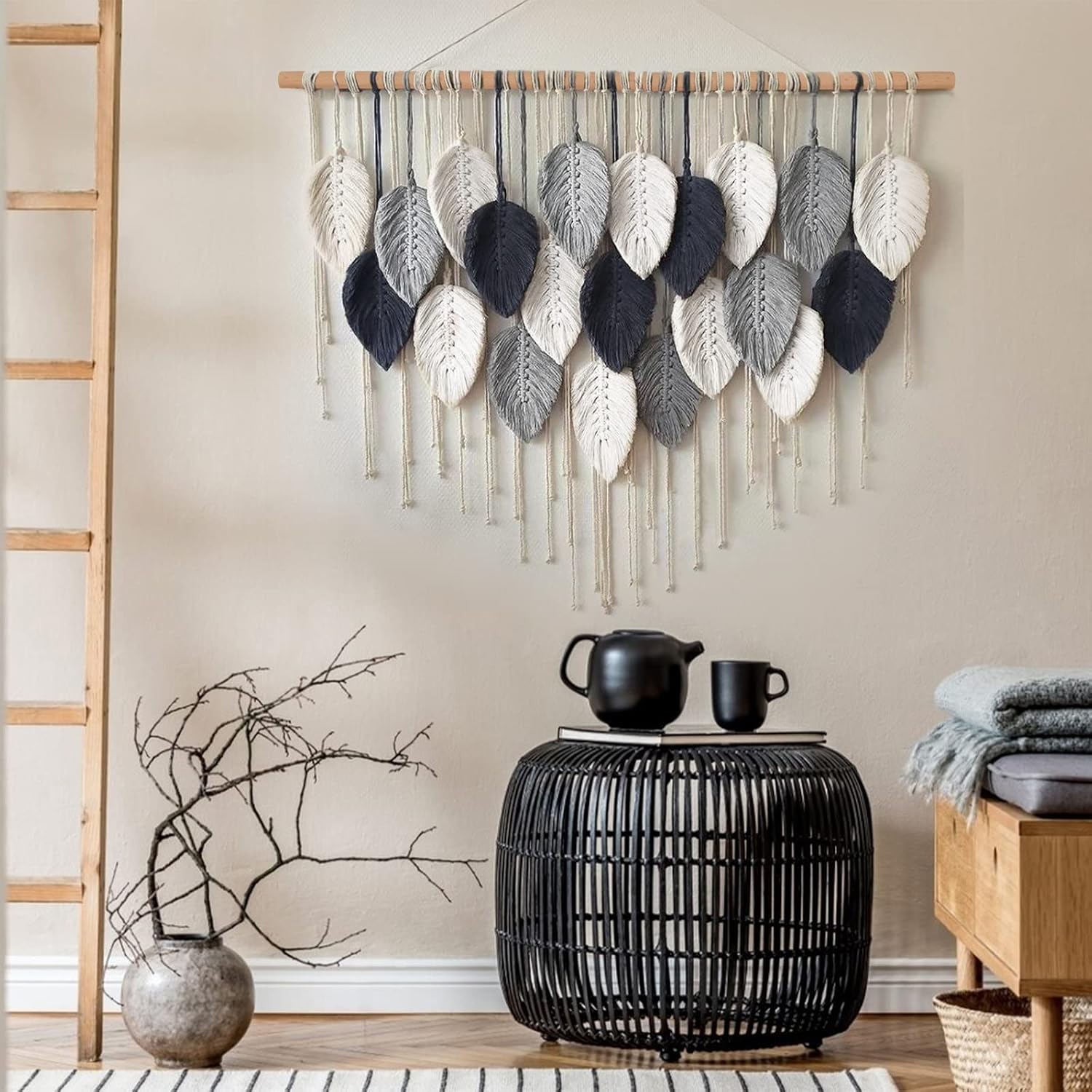 Weldomcor Macrame Wall Hanging Leaf Woven Tapestry Bohemian Chic Wall Hanging Feather Large Handmade Wall Art Decor for Bedroom Living Room Apartment Ornament, 39 inch