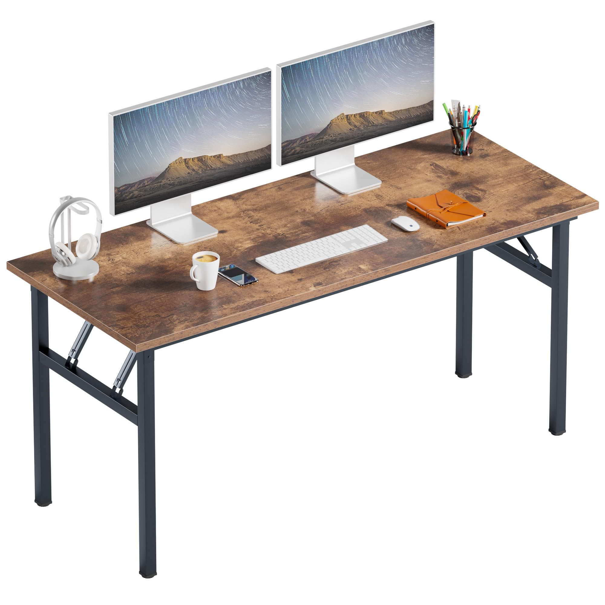 Need Folding Desk, 54 inch Large Computer Desk for Home Office, No Install Needed Study Student Writing Table Desk Workstation, Teak Black