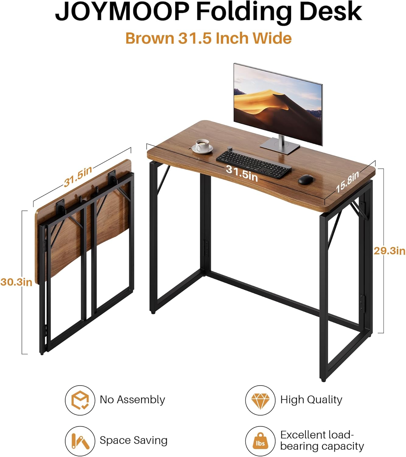 JOYMOOP 31.5" Folding Desk - Brown, No Assembly Small Foldable Desk for Home, Office, Wooden Top Folding Computer Desk for Working, Writing, Studying