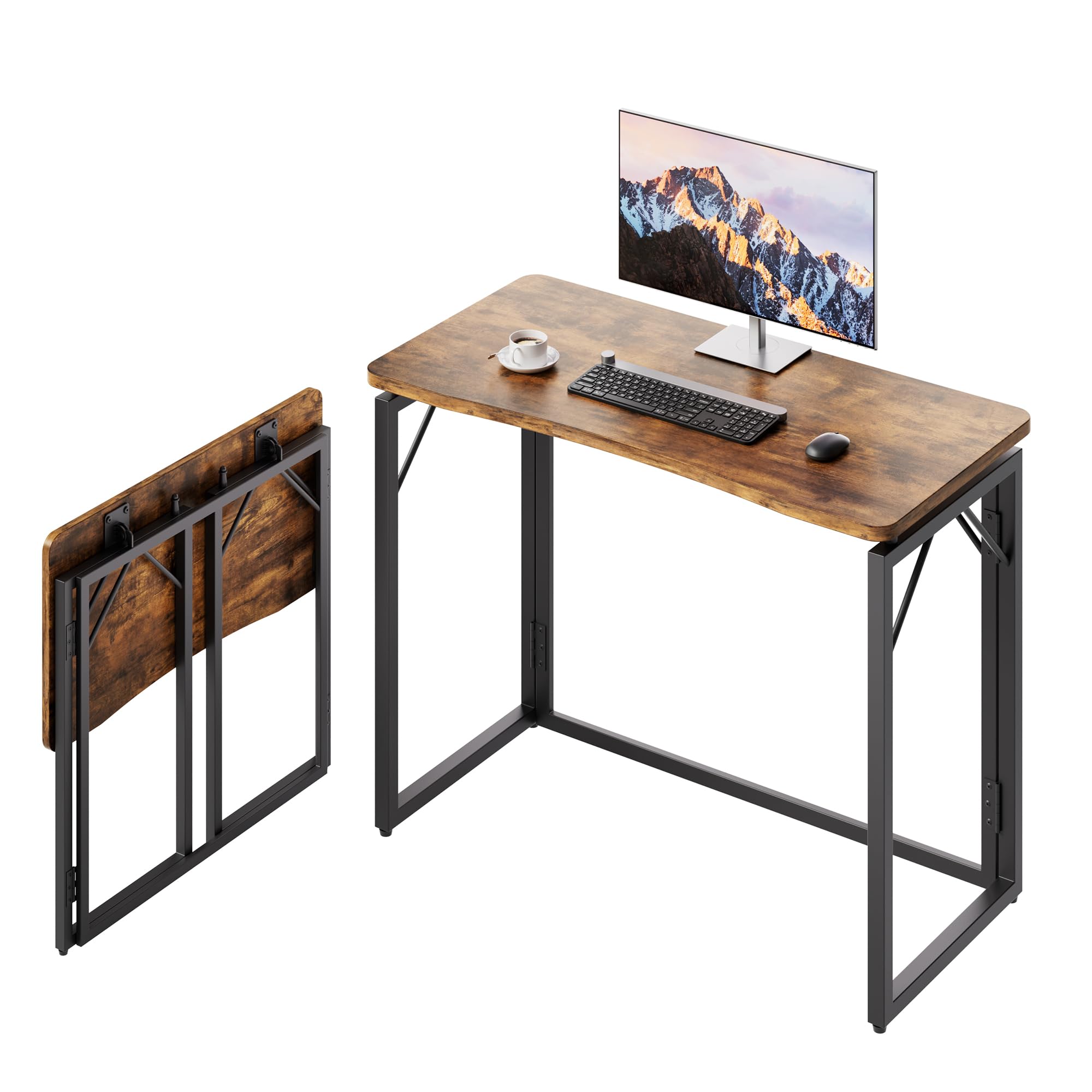 JOYMOOP 31.5" Folding Desk - Brown, No Assembly Small Foldable Desk for Home, Office, Wooden Top Folding Computer Desk for Working, Writing, Studying
