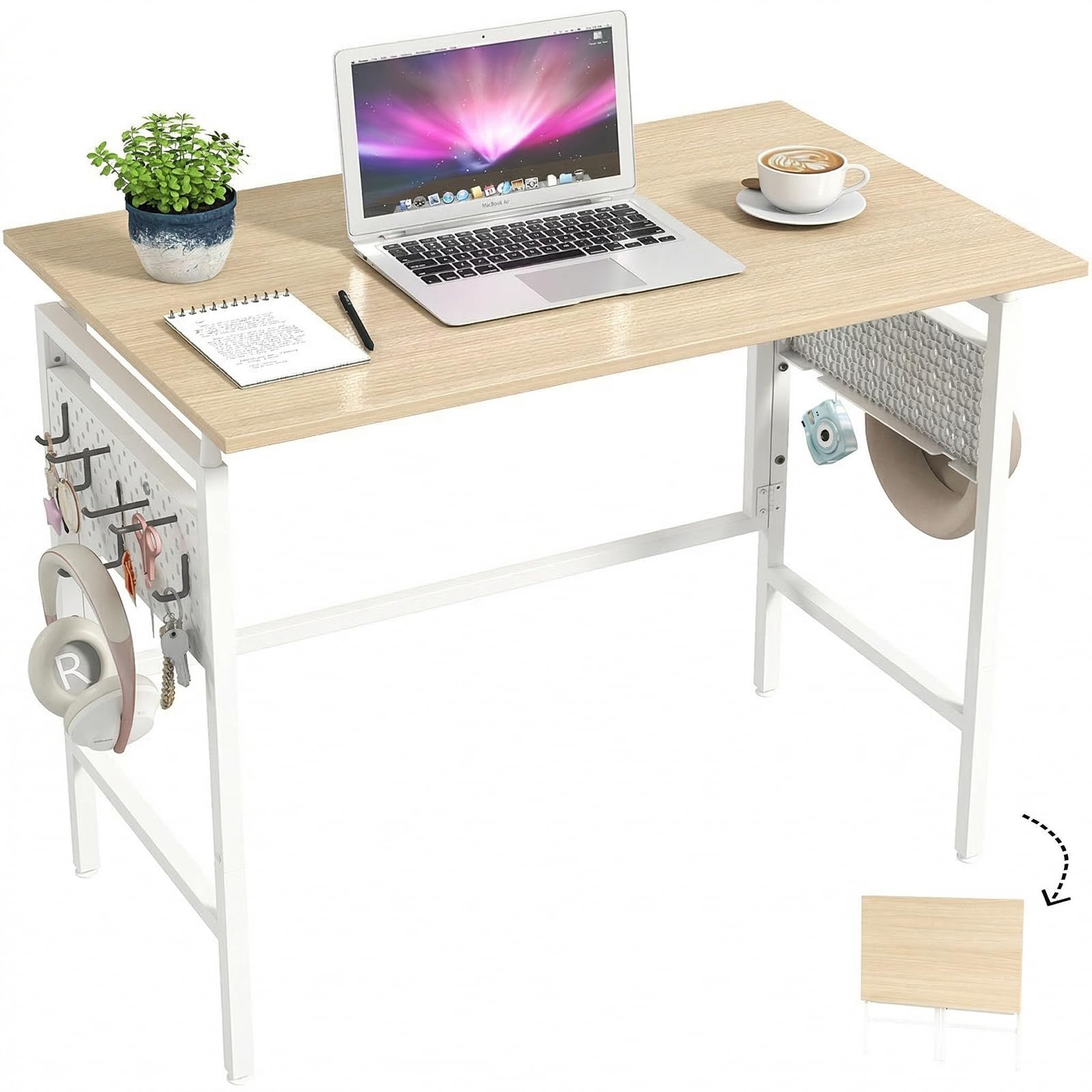 Hadulcet Folding Desk, Foldable Desk Table 40" for Space Saving, Foldable Computer Table for RV, Apartment, Office, Easy Assembly with Movable Pegboard Panels,Rustic Walnut