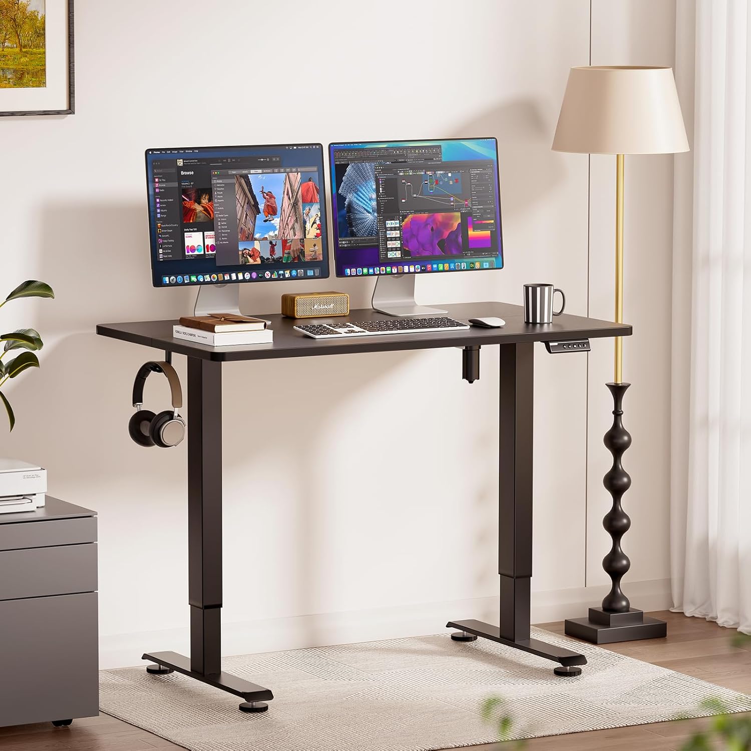 Veken 47.2" Standing Desk, Adjustable Height Office Desk with Wood Desktop, Computer Table for Home Work, Study and Gaming, Small Spaces, Modern Furniture, Black