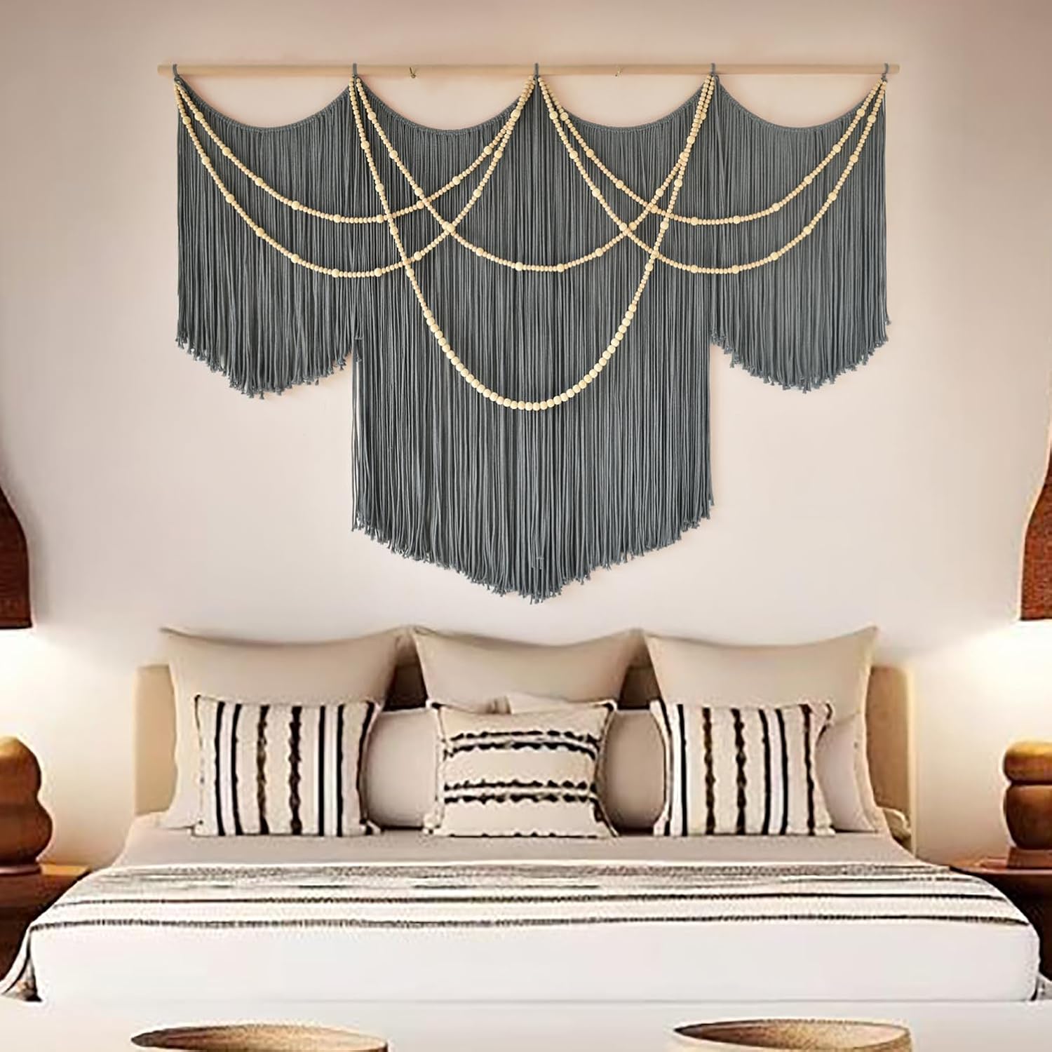 Flber Macrame Wall Hanging Boho Wall Art Beads Tassels Modern for Living Room Bedroom Large Geometric Wall Decor 57" W x 39" L