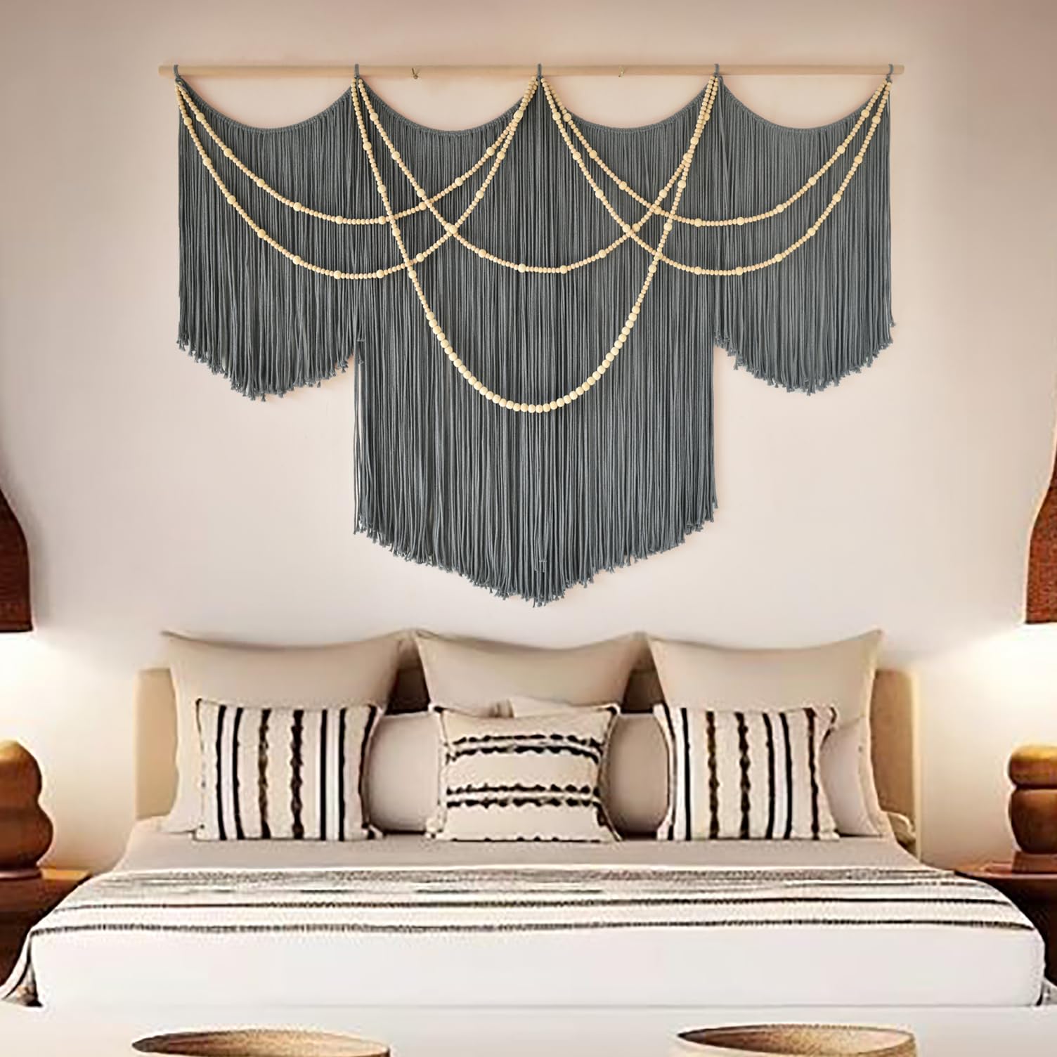 Flber Macrame Wall Hanging Boho Wall Art Beads Tassels Modern for Living Room Bedroom Large Geometric Wall Decor 57" W x 39" L