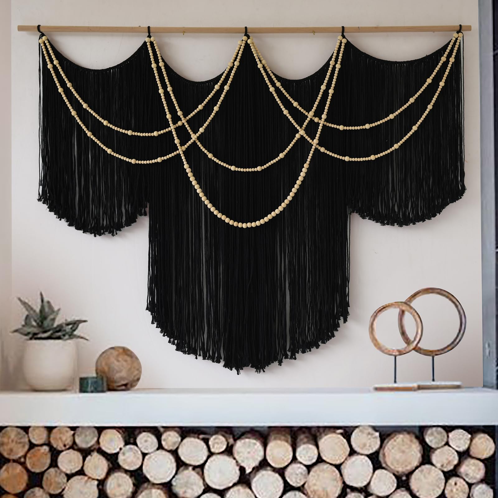 Flber Macrame Wall Hanging Boho Wall Art Beads Tassels Modern for Living Room Bedroom Large Geometric Wall Decor 57" W x 39" L