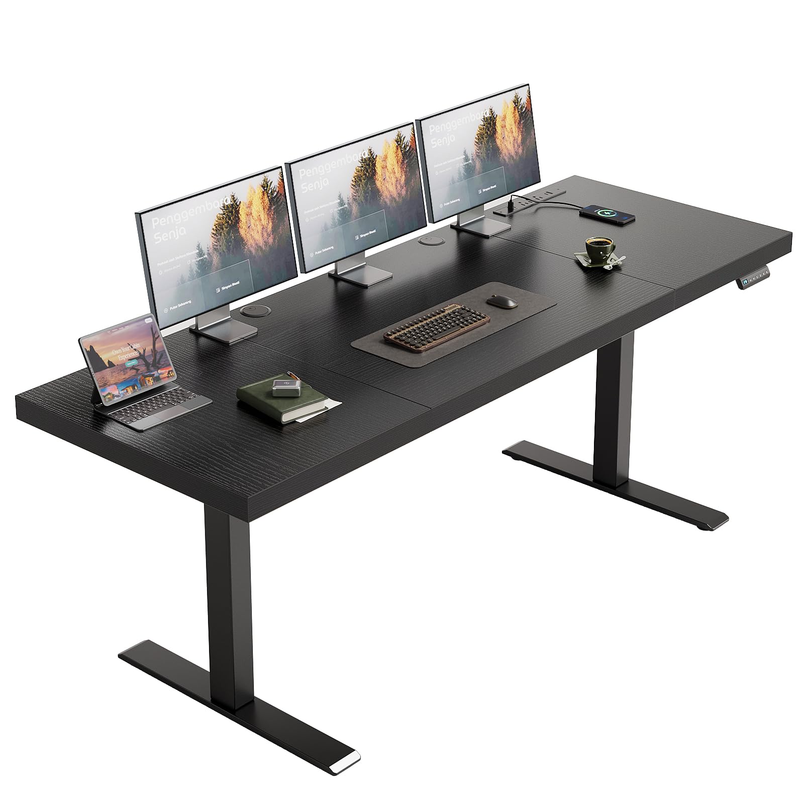 OffiGo 71 Inch Executive Electric Standing Desk, Height Adjustable Desk with Power Outlet & 1.38" Thick 3-Piece Desktop, Sit Stand Computer Desk for Home, Office, Conference Room, Rustic Brown