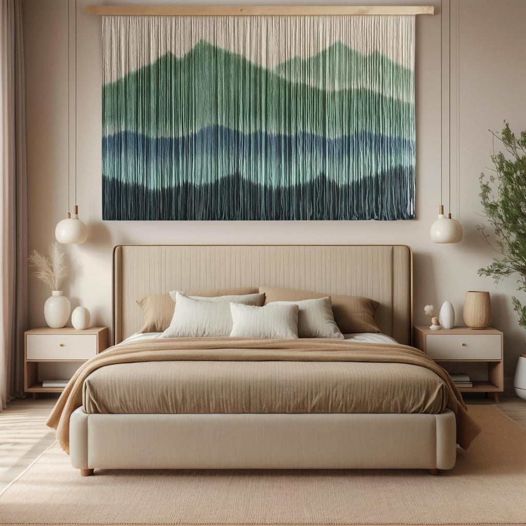 Sdjazl Woven Boho Macrame Wall Hanging Home Decor Tapestry Dip-Dyed Large Modern Handmade Colorful Mountain Landspace for Living room (green)