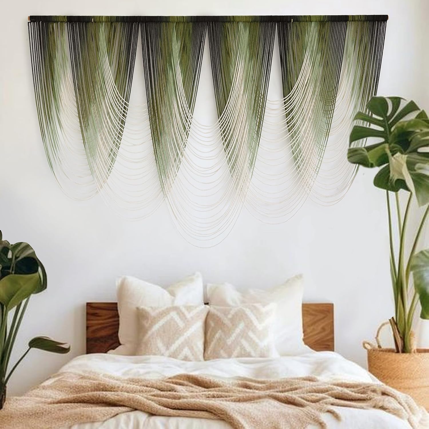 Macrame Wall Hanging Dip-Dyed Large Macrame Wall Decor Yarn Tapestry 57" W x 41" L For Headboard Bedroom Living Room Boho Fiber Home Art