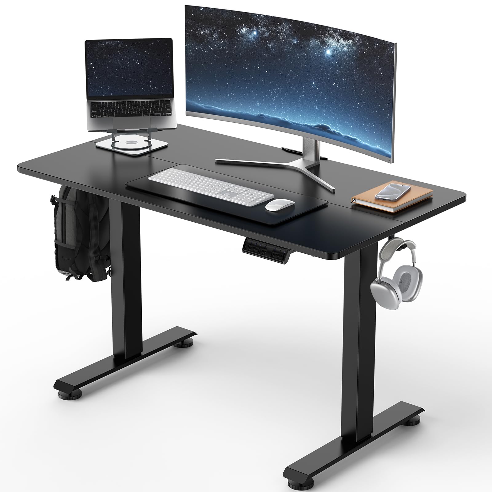 Veken 47.2" Standing Desk, Adjustable Height Office Desk with Wood Desktop, Computer Table for Home Work, Study and Gaming, Small Spaces, Modern Furniture, Black