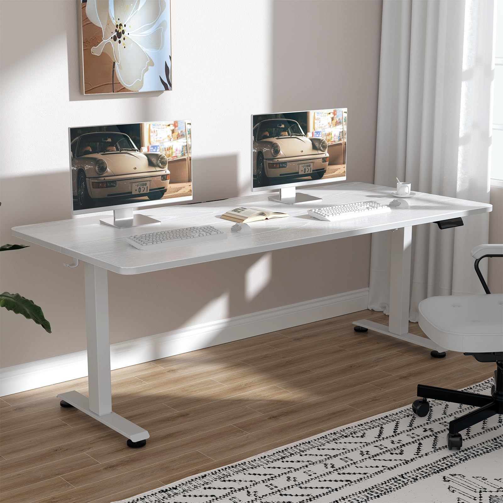 Veken 55 Inch Large Electric Standing Desk,Sit to Stand Up, Heights Adjustable, Work Home Office Computer Table for Study, Walking Pad, Writing, and Games, Wooden Desktop Desks, White