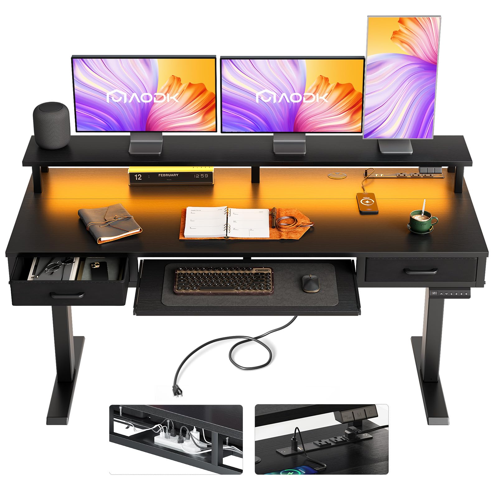 AODK Electric Standing Desk with Drawers & Keyboard Tray, 55 Inch Height Adjustable Gaming Desk with Power Outlets & LED Lights, Sit Stand Table with Monitor Stand for Home, Office, Rustic Brown