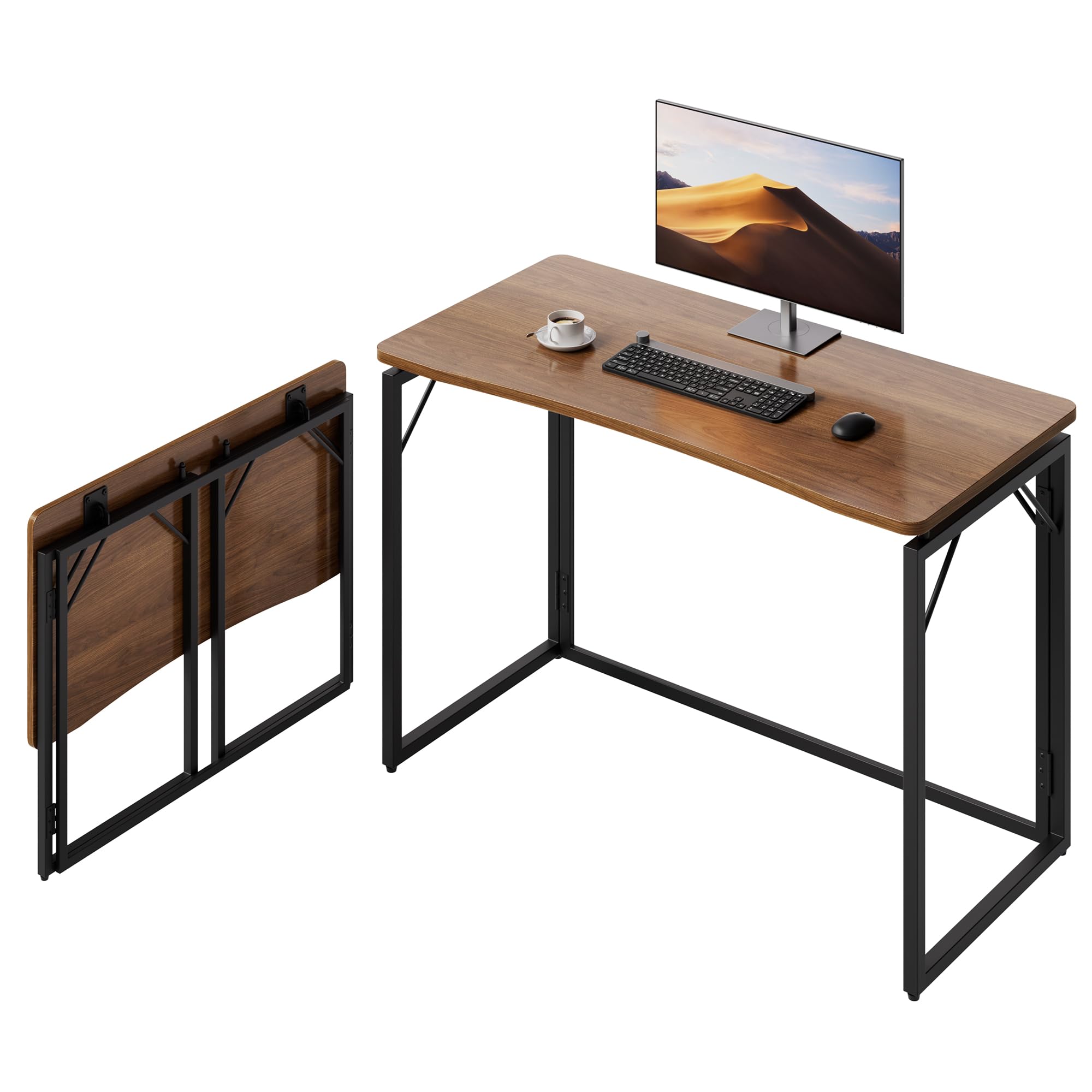 JOYMOOP 31.5" Folding Desk - Brown, No Assembly Small Foldable Desk for Home, Office, Wooden Top Folding Computer Desk for Working, Writing, Studying