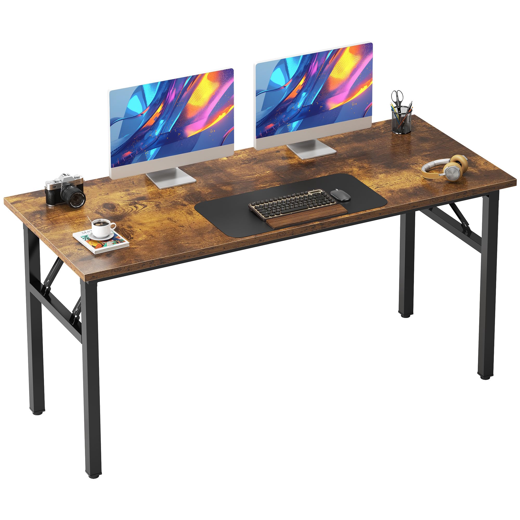 Need Folding Desk, 54 inch Large Computer Desk for Home Office, No Install Needed Study Student Writing Table Desk Workstation, Teak Black