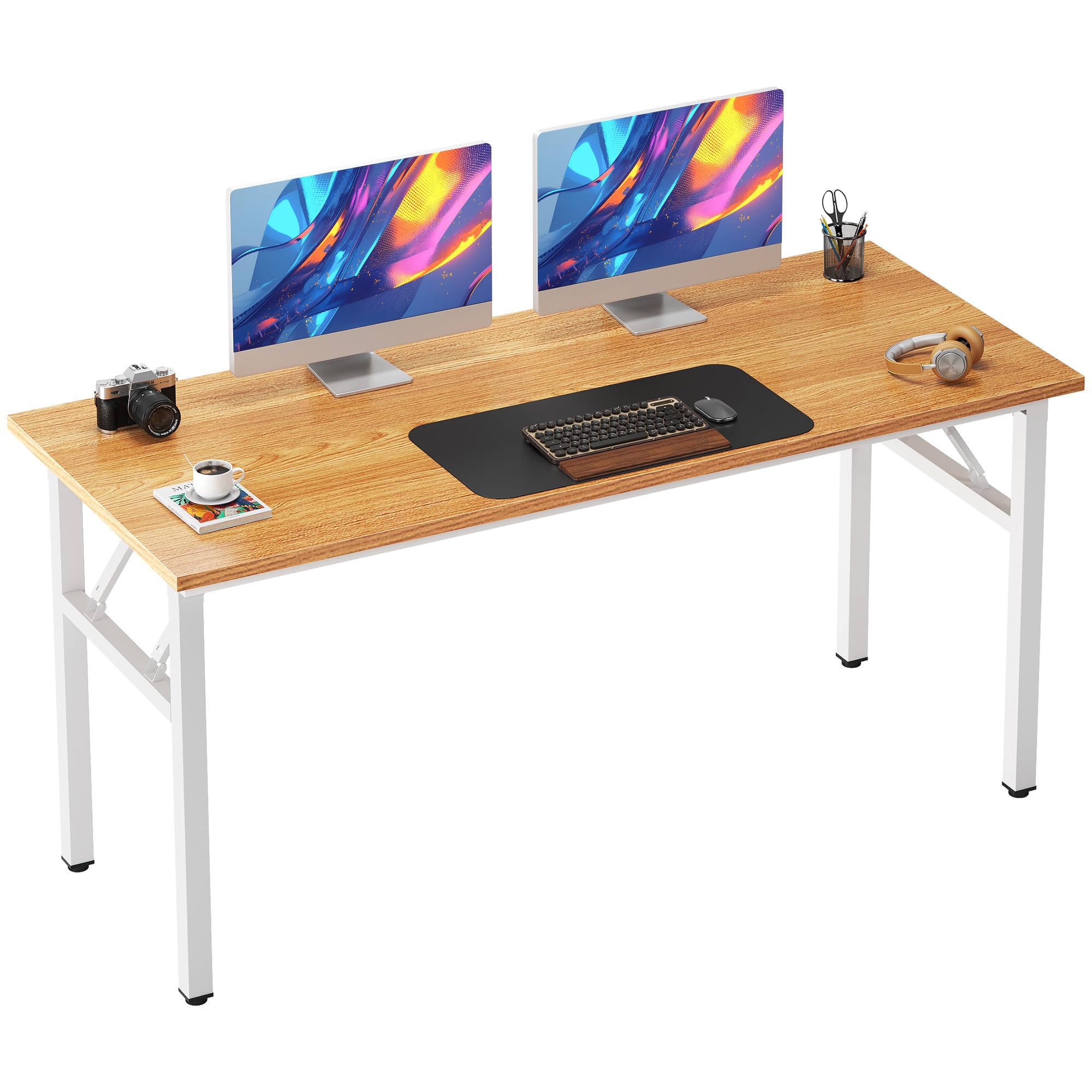 Need Folding Desk, 54 inch Large Computer Desk for Home Office, No Install Needed Study Student Writing Table Desk Workstation, Teak Black